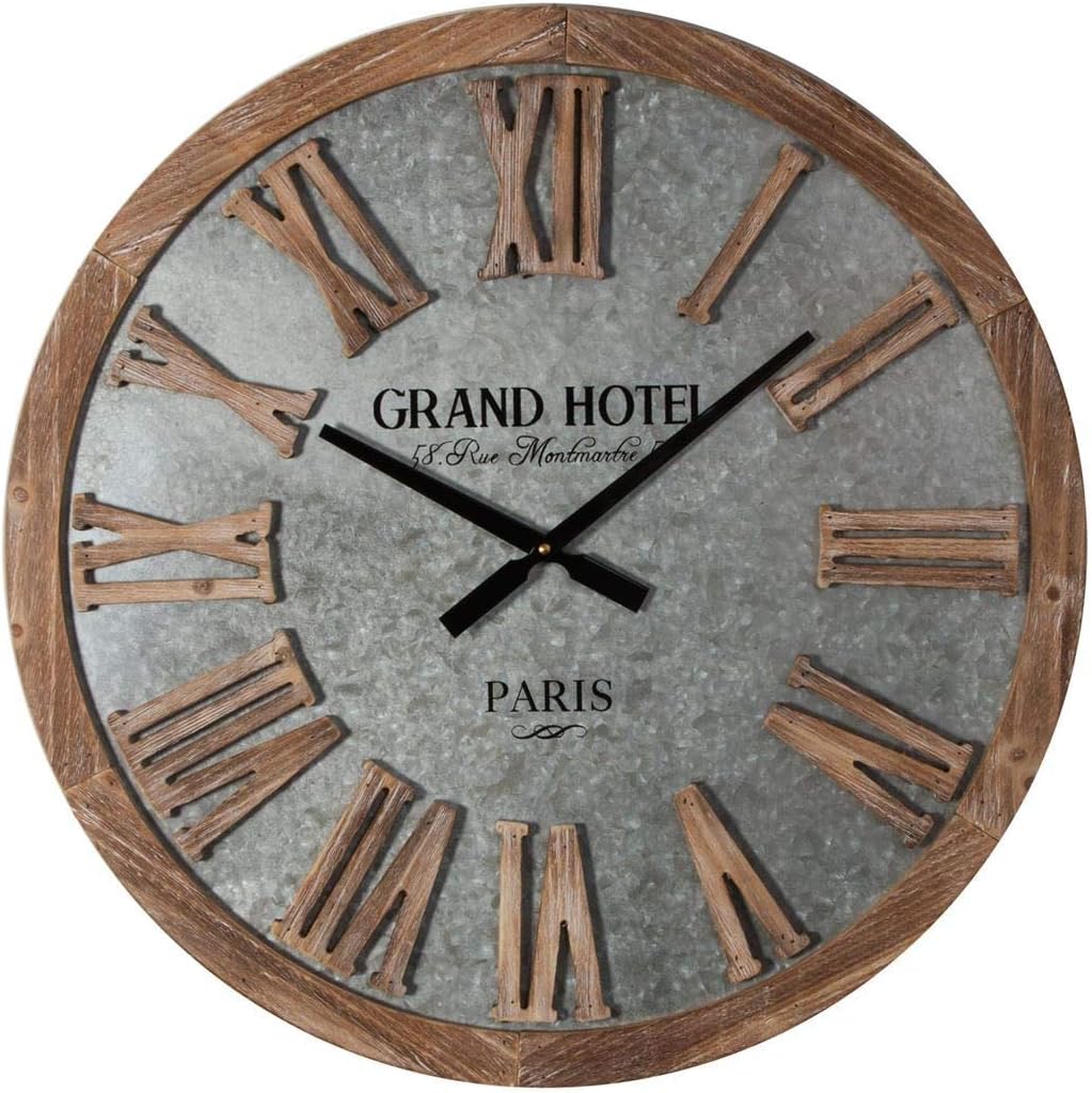 Large 60cm Round Wooden and Grey Metal Finished Cased Shabby Chic Aged Look Grand Hotel Paris Quartz Wall Clock