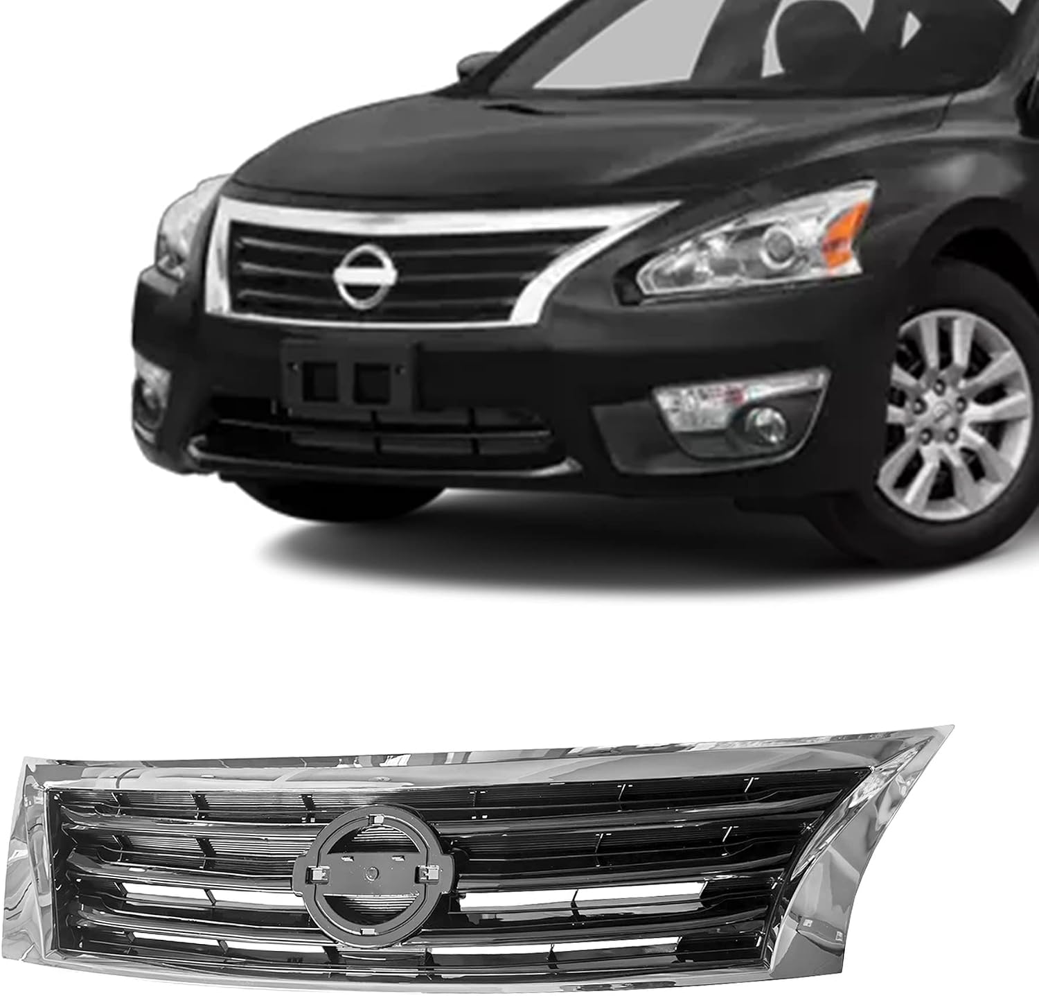Front Upper Bumper Grille Chrome Shell/Black Insert Grill Compatible with 2013 Nissan Altima For 2014 Nissan Altima Fits 2015 Nissan Altima Sedan NI1200250