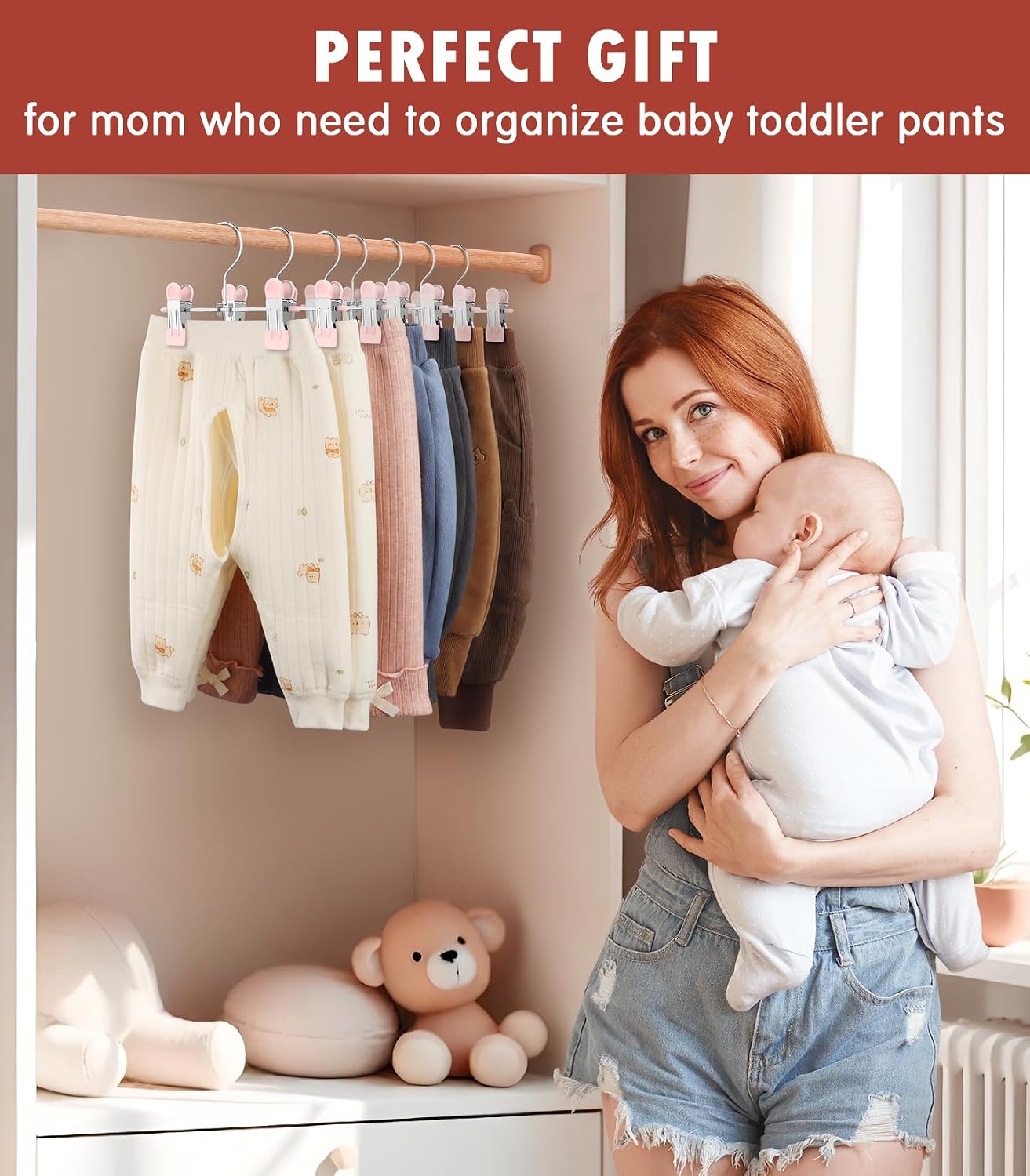 DOIOWN 10 Pack Baby Pants Hangers with Clips, Toddler Non-Slip Space Saving Hangers for Pants, Skirts, Clothes - Baby Essentials Closet Organizer