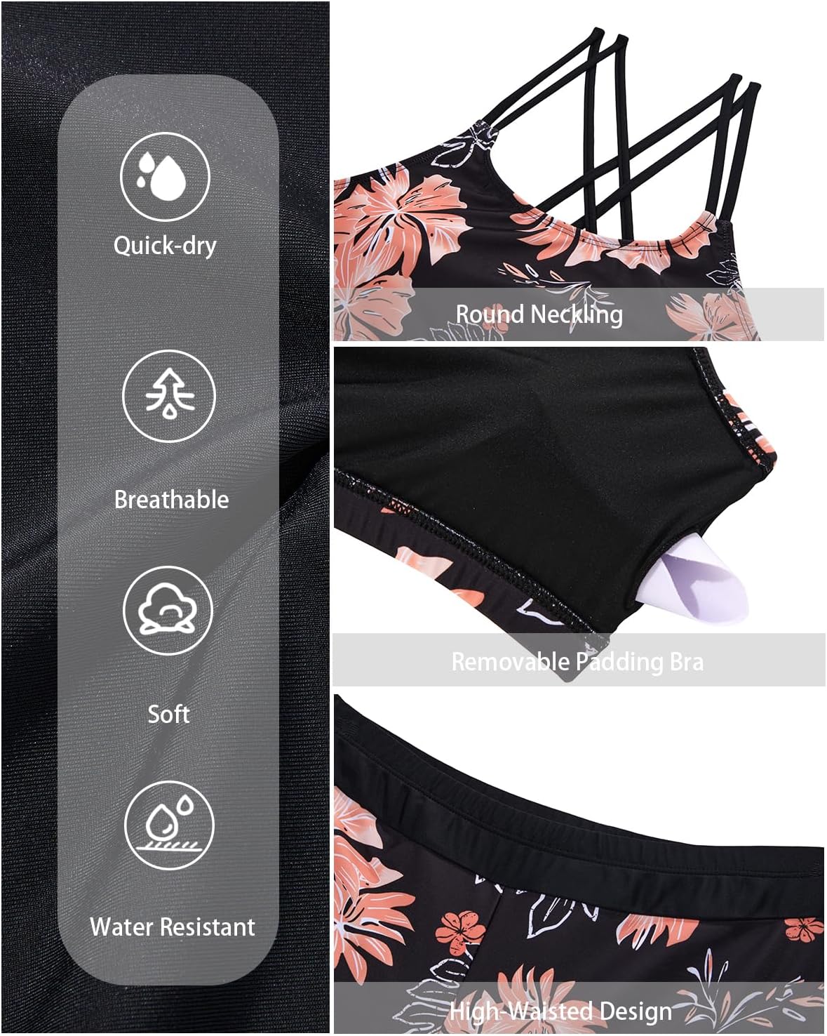 Holipick 3 Piece Tankini Swimsuits for Women Tummy Control Bathing Suits Swim Tank Top with Bra Boy Shorts Teen Swimwear - Image 5