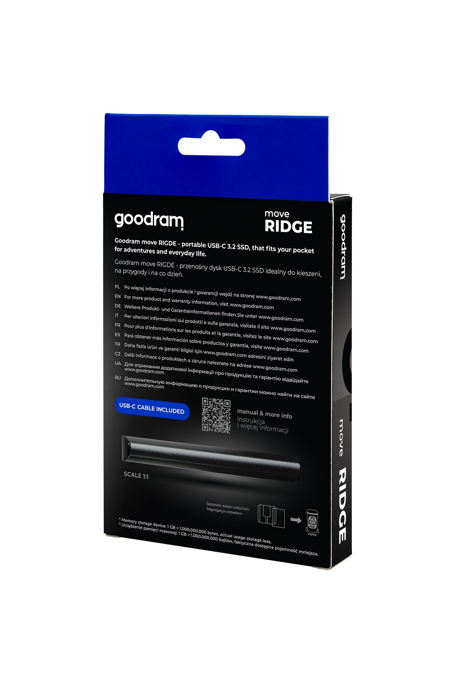 GoodRam – Disque Dur Externe SSD 1To – USB 3.2 Gen. 2x2 Type-C – Move Ridge Black – Vitesse de Lecture Jusqu’à 2000 Mo/s, Vitesse d’Écriture Jusqu’à 2000 Mo/s – Boîtier Métallique – 75×32×9,5 mm