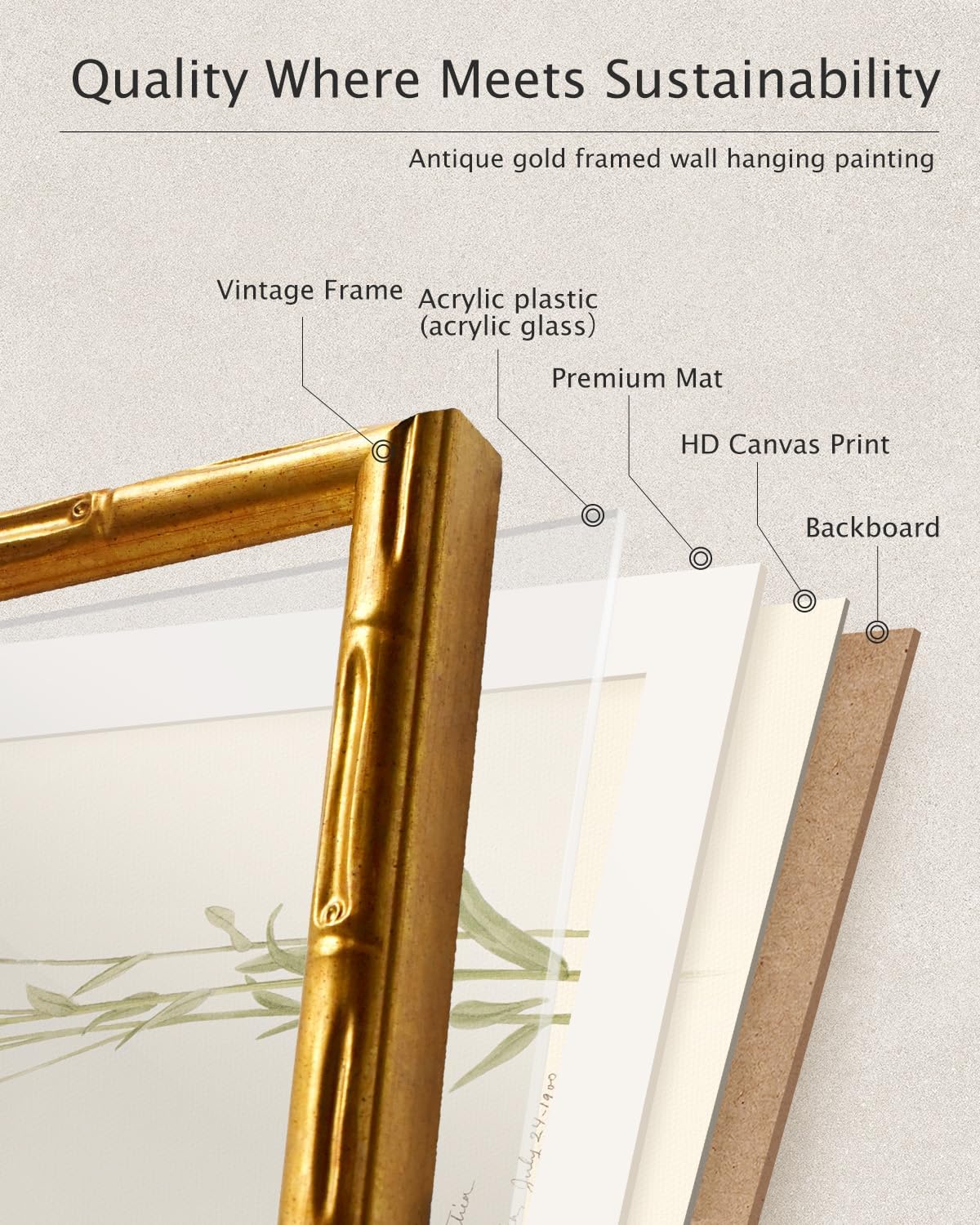 VIYYIEA Gold Framed Bamboo Wall Art, Vintage Blue Stem Botanical Canvas Painting, Antique Picture Frame with Mat, Retro Wall Decor for Living Room Bathroom Bedroom, 14L x 11W
