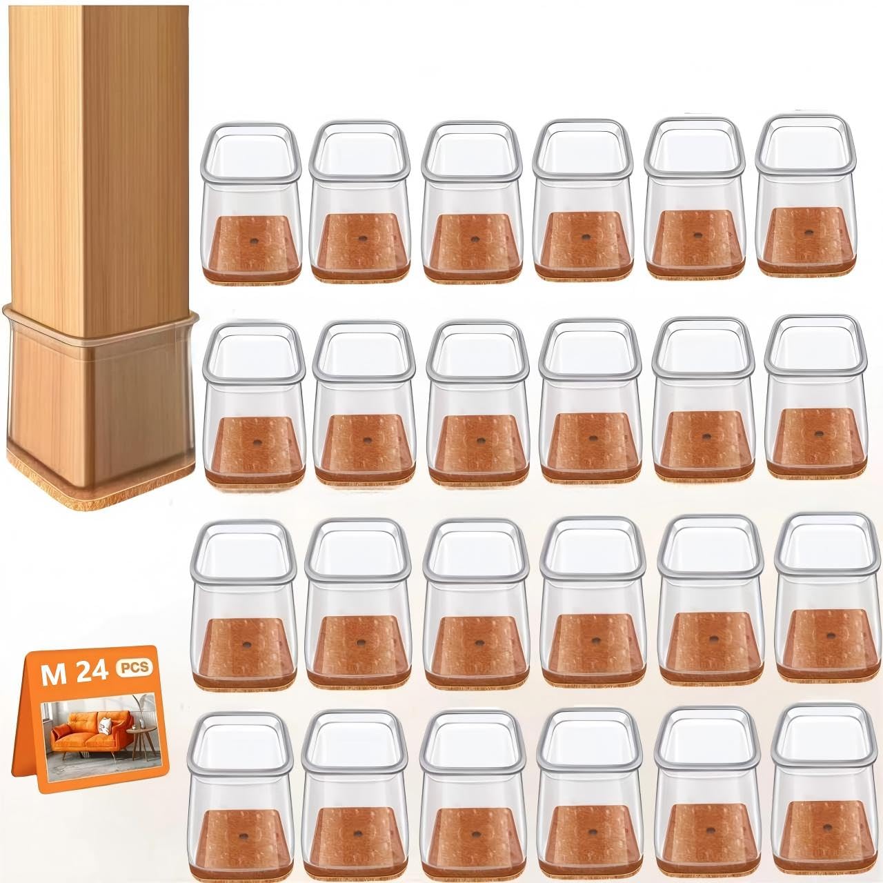 Beler Square Chair Leg Caps, Pack Of 24, Clear Silicone Chair Leg Protectors With Felt, Protective Caps For Chair Legs, Transparent Small Felt Gliders For Wooden Floors, Laminate And Tile Floors (, M, Fit
