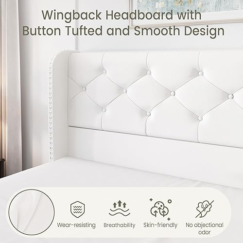 Miniatura 75 de LARMACE - Marco de cama tamaño King con 4 cajones de almacenamiento y cabecera tapizada con botones, cama de plataforma tapizada en lino con