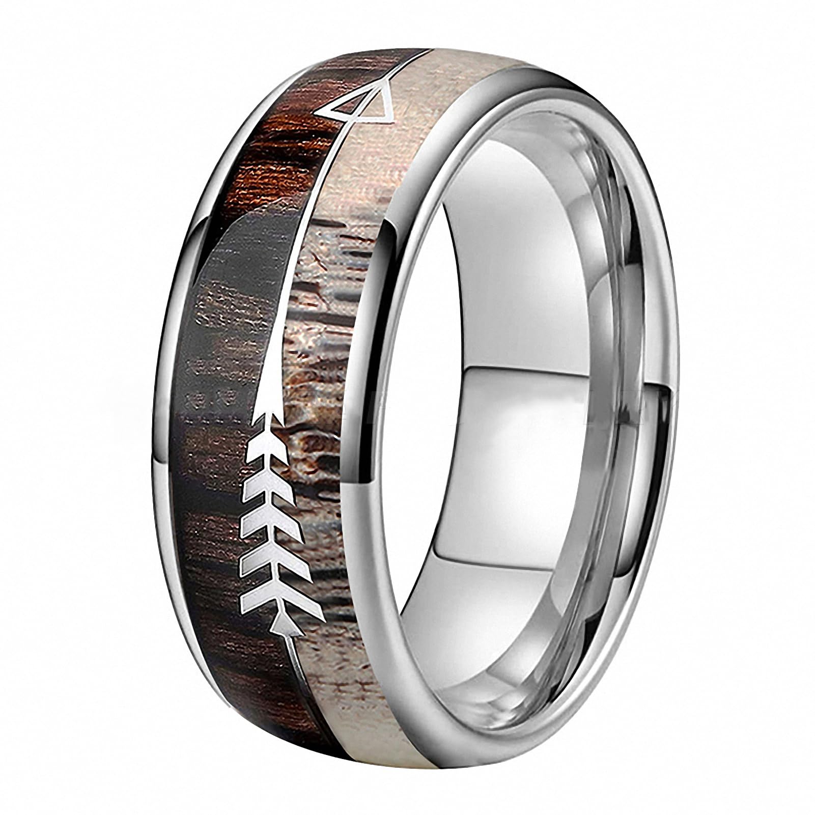 Men Women Tungsten Carbide Rings Deer Antler Wood Arrow Inlay Wedding Bands Comfort Fit Jewelry Silver 9.5