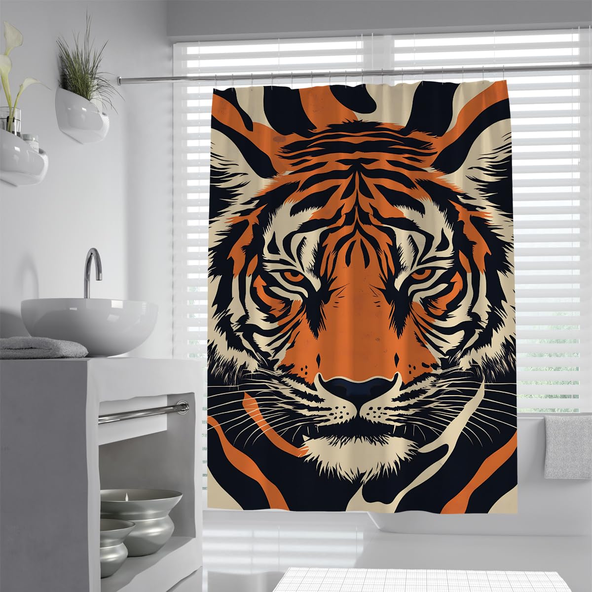 UIRINGART Retro Tiger Art Bathroom Curtain W200xL240cm Bold Wildlife Print Polyester Anti-mould Quick Drying Easy To Clean Wet Room Shower Curtain Hotel Decor with Hooks