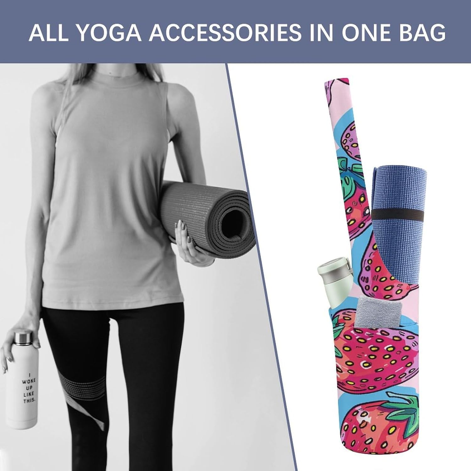 Yoga Mat Carrying Bag,Strawberry Pattern Style Printed Women's Yoga Bag with Multi-Functional Storage Pockets,Large Yoga Mat Bag Fits Most Size Yoga Mats