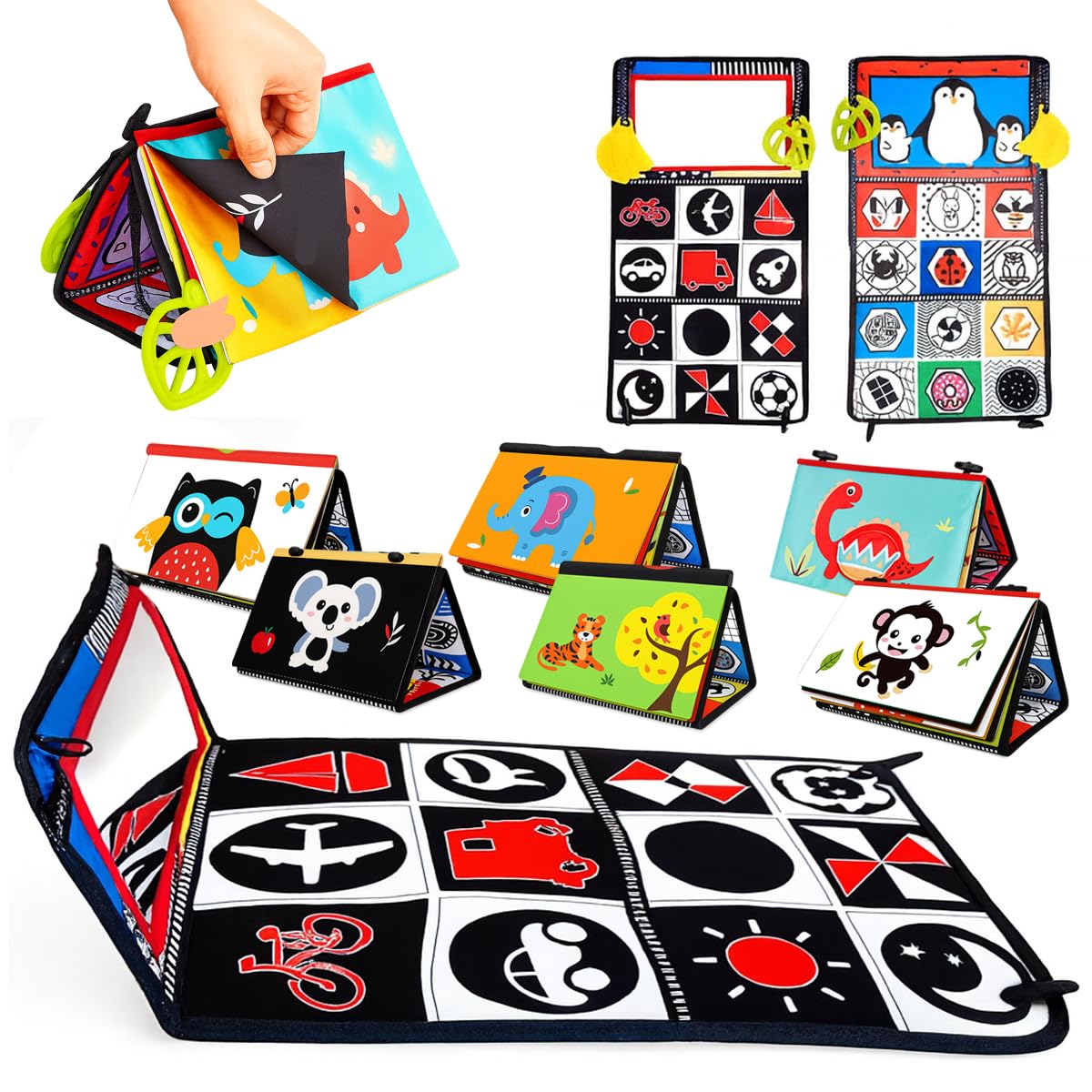 Toyana Baby 3-in-1 Mirror Toy Tummy Time Play Mat, Early Learning Sensory High Contrast Soft Cloth Book with Crinkle Sound & Teether, Newborn Montessori Infant Toddler Gift Toy