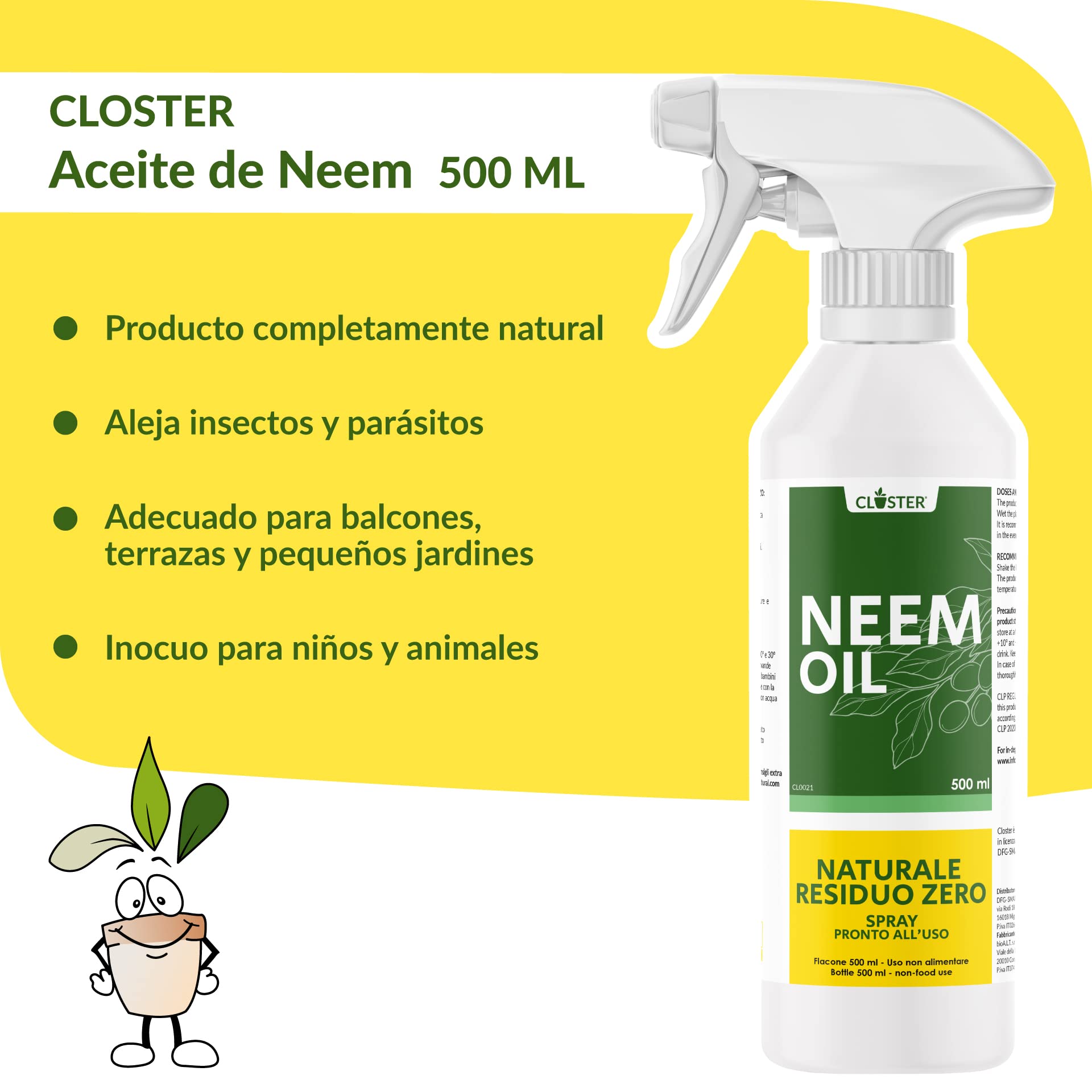 CLOSTER Spray de Aceite de Neem - Insecticida Natural para Plantas en Jardín Balcón contra Pulgones Chinches Ácaros Araña Cochinilla, Desinfestante Biodegradable Ecológico Spray 500ML Listo para Usar
