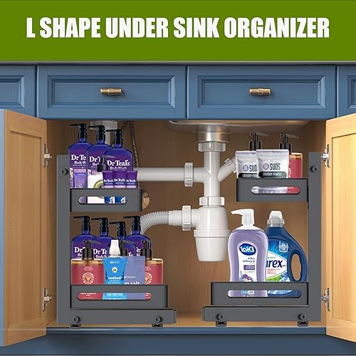 Miniatura 4 de MQFORU Organizadores para debajo del fregadero de 2 niveles, almacenamiento extraíble para debajo del fregadero, para cocina, altura ajustable,