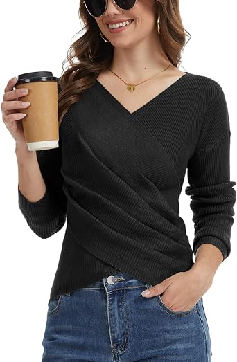 Wrap Sweater for Women, Elegant V Neck Long Sleeve Criss Cross Wrap Front Pullover Casual Knit Sweaters