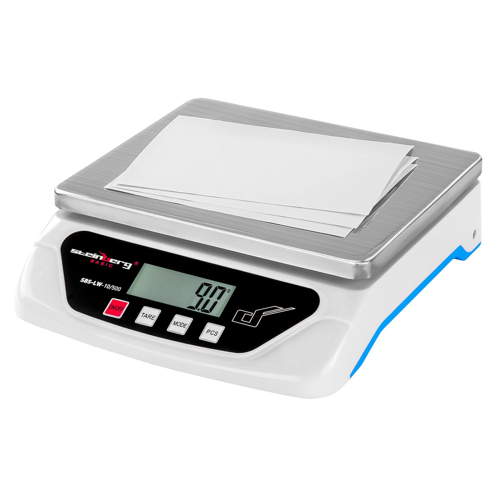 Steinberg BASIC SBS-LW-10/500 Bilancia Elettronica Bilancia Digitale Pesalettere (10 kg / 0,5 g, Schermo LCD Retroilluminazione, Alimentazione 2 Batterie AA o Adattatore AC/DC ADAPTER 6V) Argento
