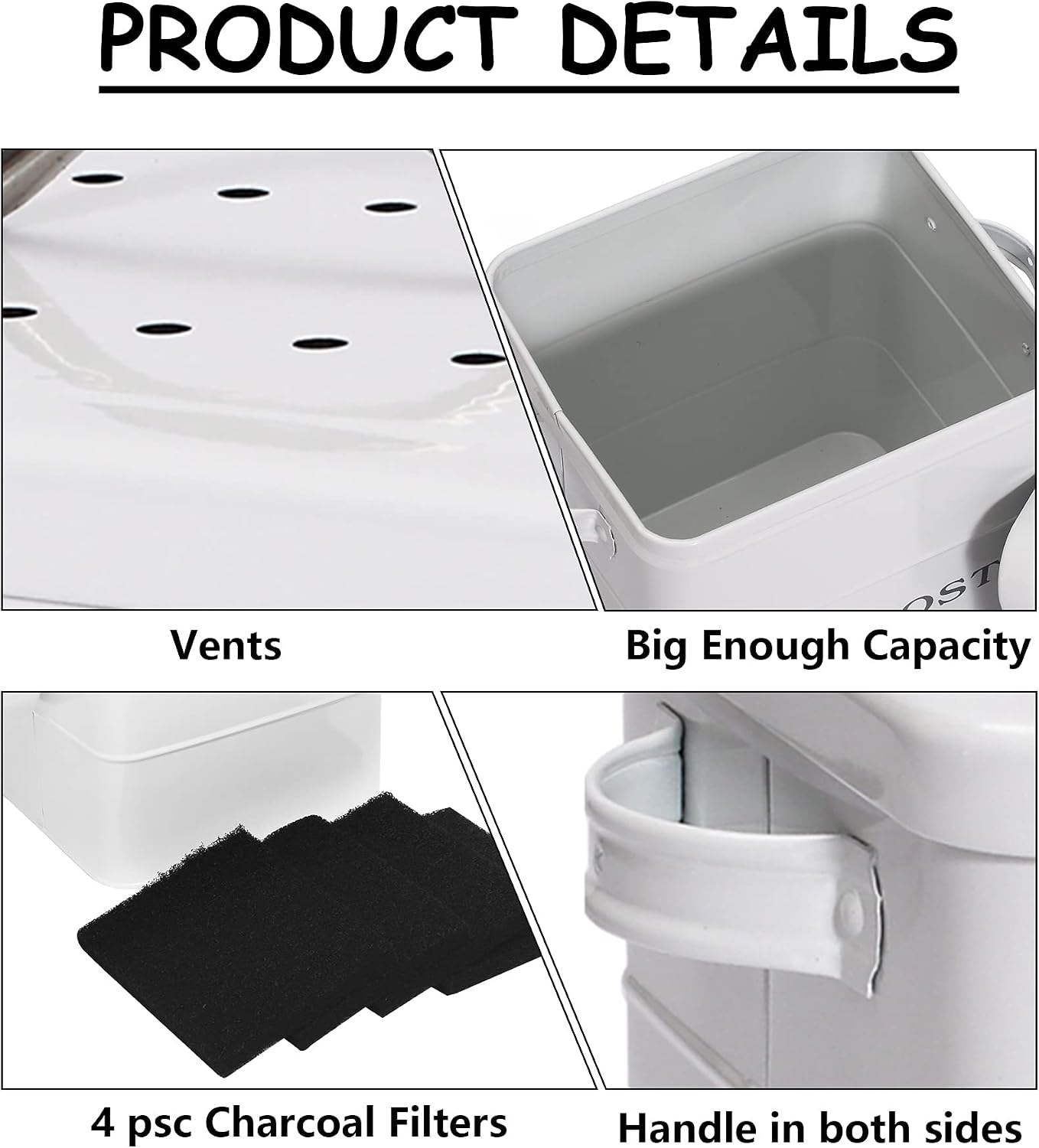 Morezi Indoor Kitchen Compost Bin for Kitchen Countertop, Great for Food Scraps, Carbon Steel, Handles, 1 Gallon - Includes 4 pcs Charcoal Filters for Gifts - White