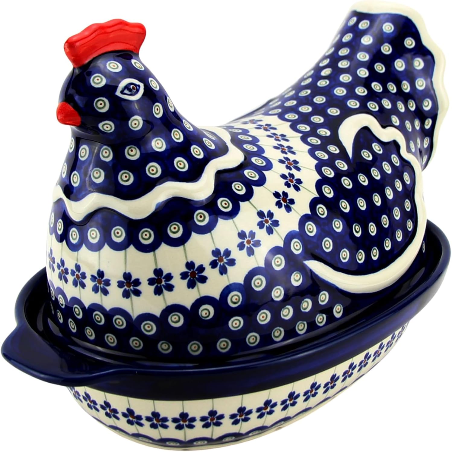 Polish Pottery Market Hen Covered Baker - Handcrafted Polish Stoneware by Zaklady Boleslawiec - Oven Safe - Floral Peacock Pattern
