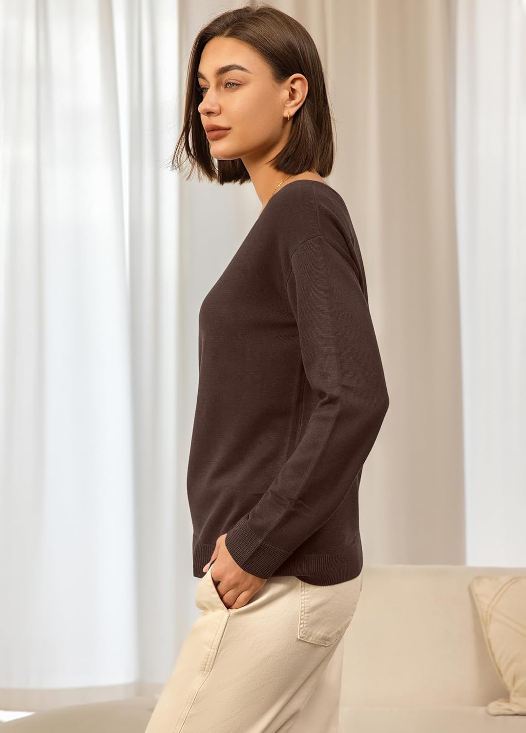Panadila Women V Neck Oversized Sweaters Casual Off The Shoulder Sweater Knit Long Sleeve Tops Fall Outfits - Image 4
