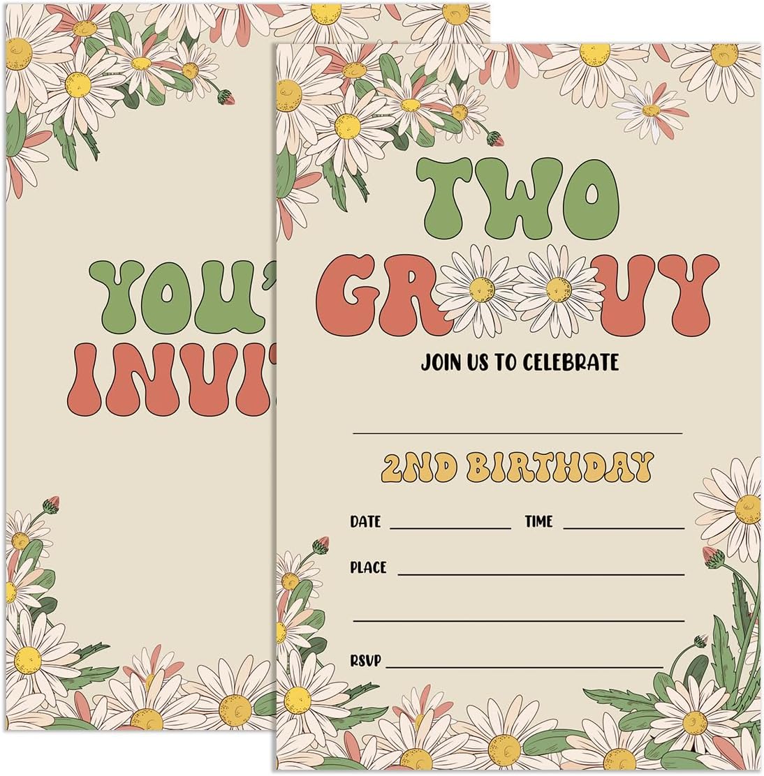 10th Birthday Invitations Girl Groovy with Envelopes, Invites for Girls Out Single Digits Birthday Party Daisy Rainbow, Hippie Retro Birthday Party Invitations Cards, 4"x6" Set of 20