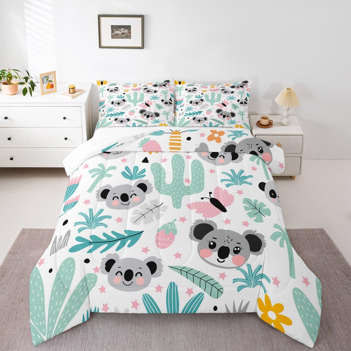 Feelyou Cartoon Koala Comforter Queen, Cute Koala Bear Comforter Set for Kids Boys Girls Kawaii Animals Comforter Set Tropical Plants Duvet Set Durable Quilt Set