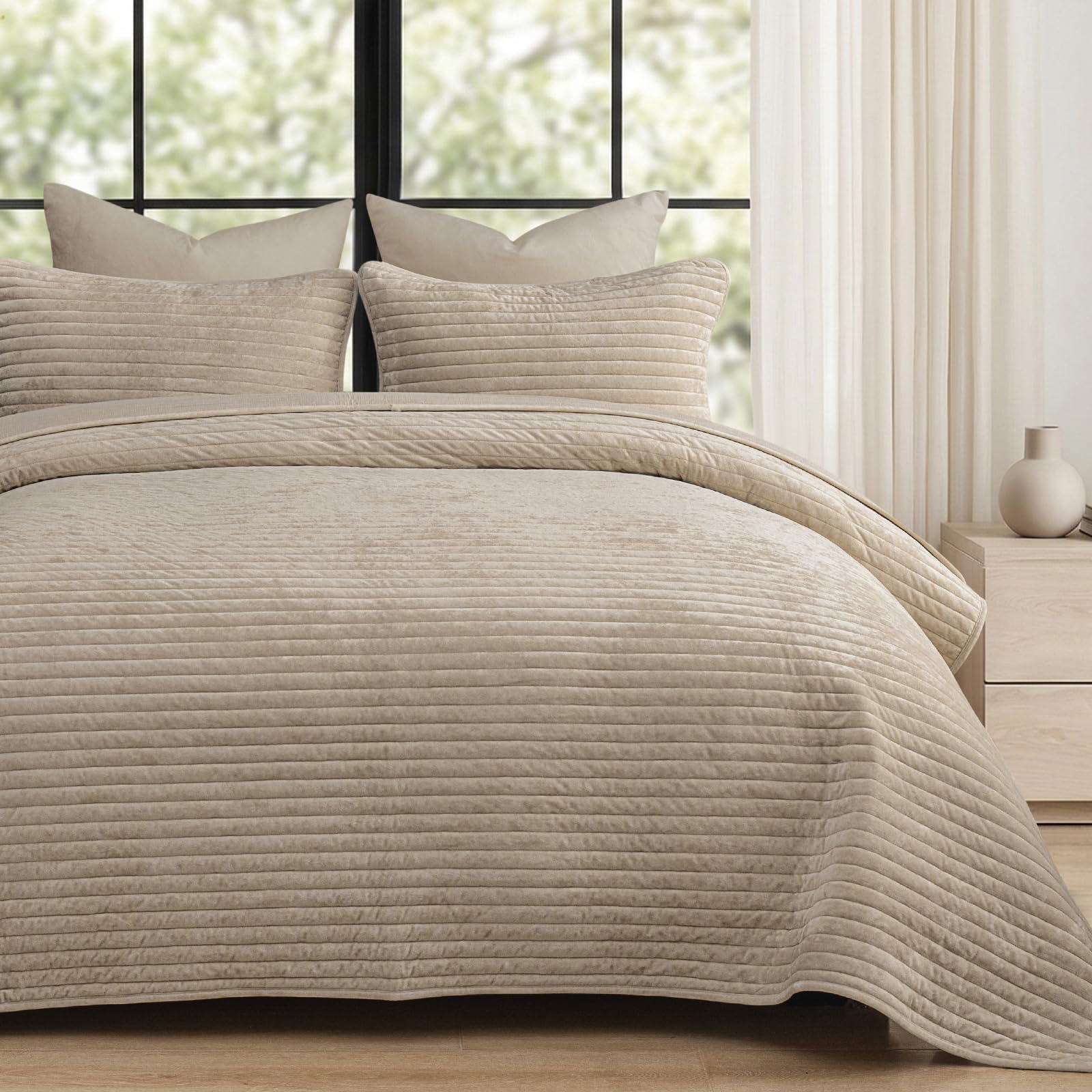 phf luxury velvet quilt set king size - 3pcs ultra soft quilted comforter alternative with striped channel, cozy quilted bedspread, 1 coverlet with 2 matching shams, 108" x 92", oxford tan