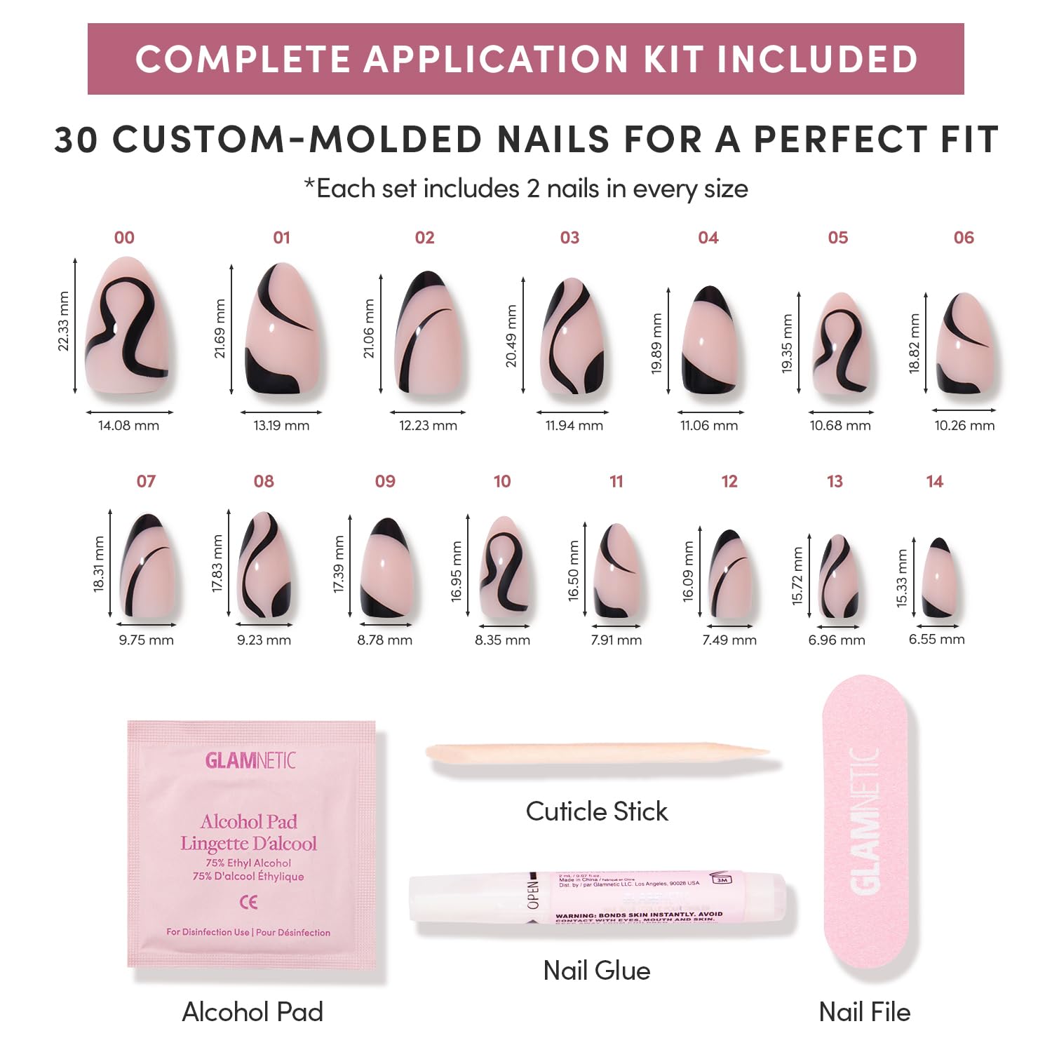 Glamnetic Press On Nails - Ink Wave | Short Almond Fake Nails with a Sheer Base, Black Swirl Designs in a Glossy Finish, Salon Quality | 15 Sizes - 30 Nail Kit with Glue