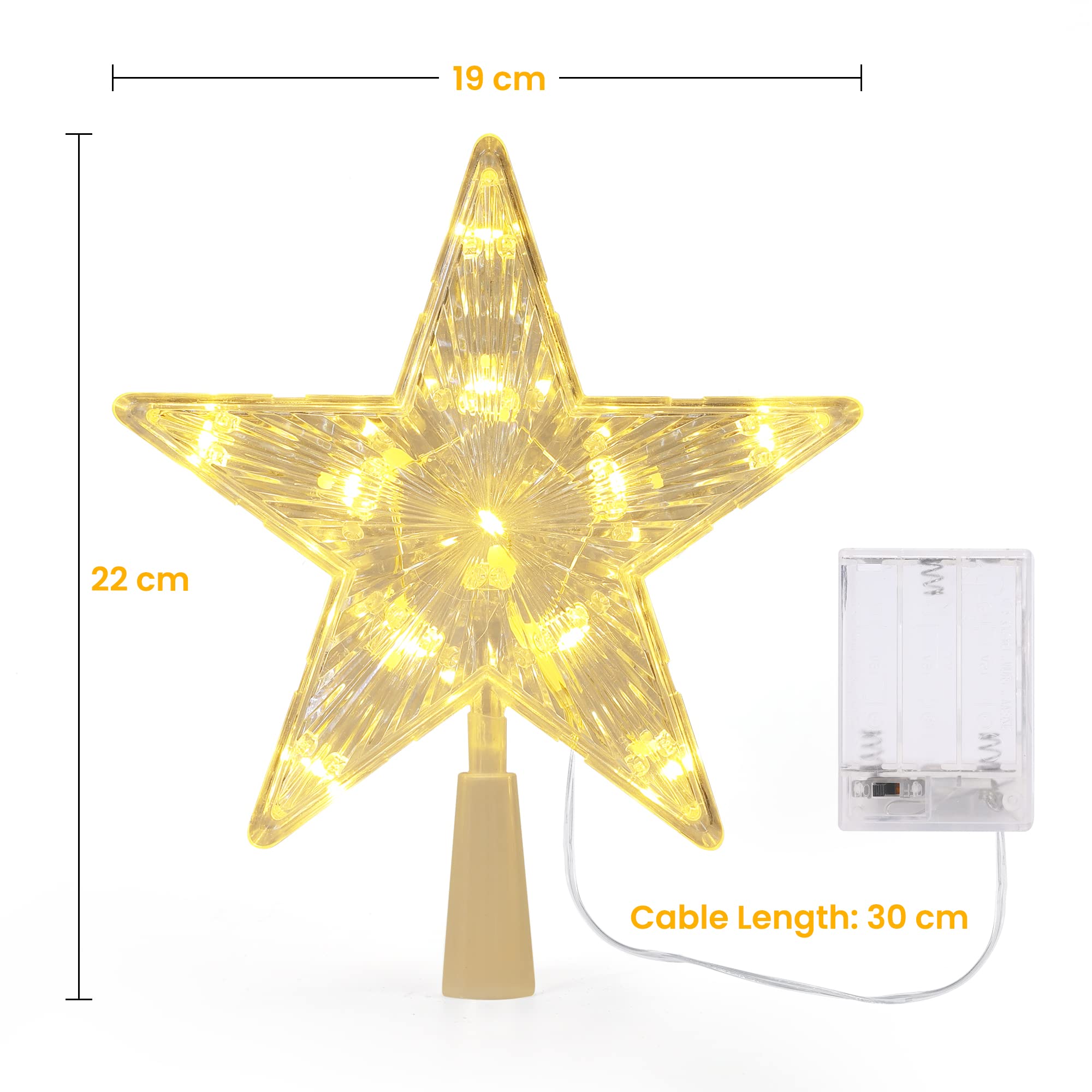 PhilzOps Czubek choinkowy w kształcie gwiazdy, 11 diod LED, 19,4 cm, na choinkę, na baterie, ciepła biel, dekoracyjne światła na drzewo, Boże Narodzenie, imprezę, do restauracji, domu towarowego, na