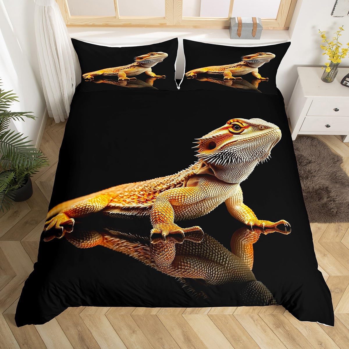jejeloiu Bearded Dragon Duvet Cover Full Size Wild Lizard Bedding Set for Kids Wildlife Animal Comforter Cover Women Men Teens Ultra Soft Decor Bedspread Zipper Closure