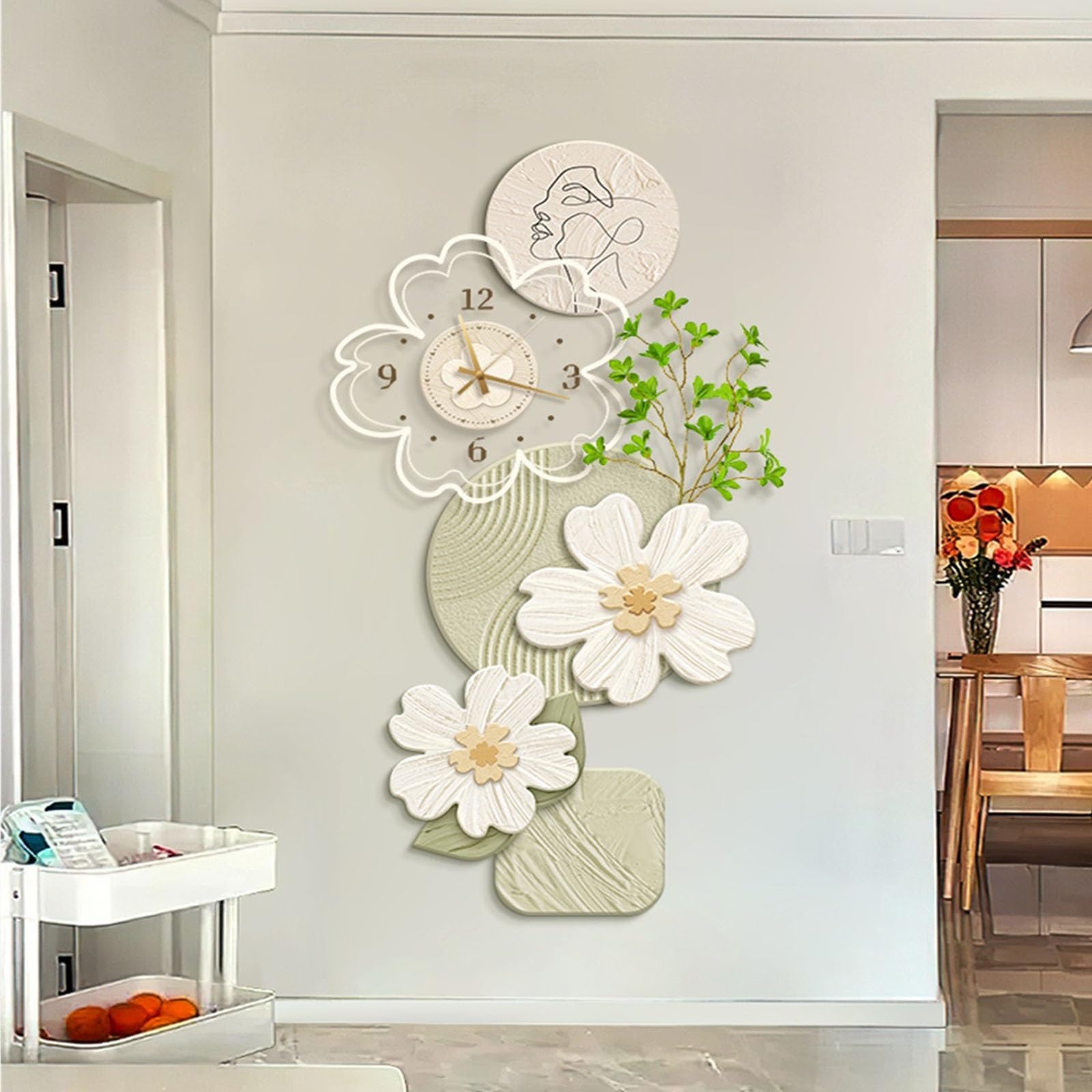 Dekoracyjny obraz z zegarem Large Floral Wall Light Decoration with Clock and Remote Control, Adjustable Wall Light Wall Clock Mural Decoration Lampa ścienna(Green,70 * 140cm)