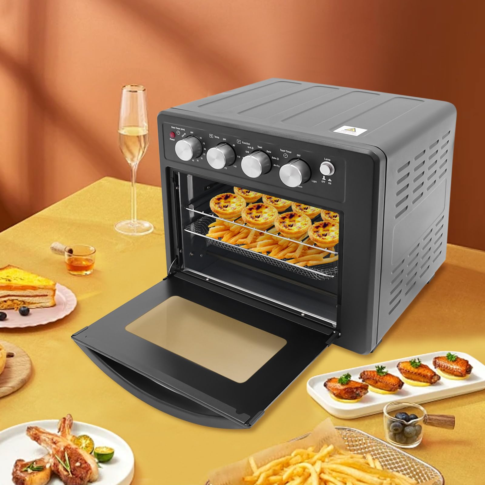 Mini four à pizza avec chaleur tournante, 25 l, électrique, 1700 W, 80-230 °C, minuterie 10-60 min, éclairage intérieur, chaleur de voûte/de sole, verre visible, noir
