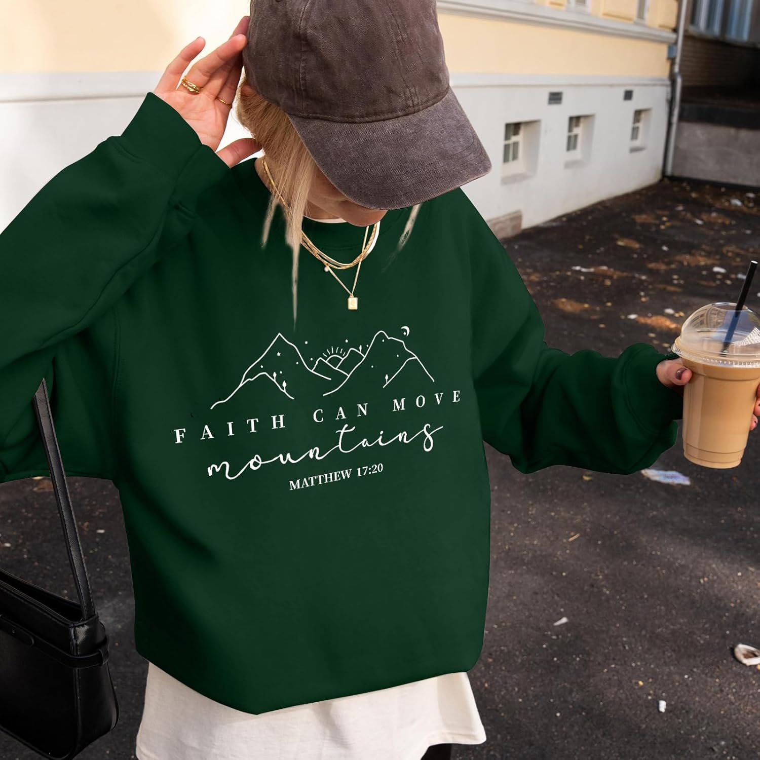 Christian Sweatshirts for Women Faith Can Move Mountains Sweatshirt Bible Verse Religious Long Sleeve Crewneck Tops - Image 3