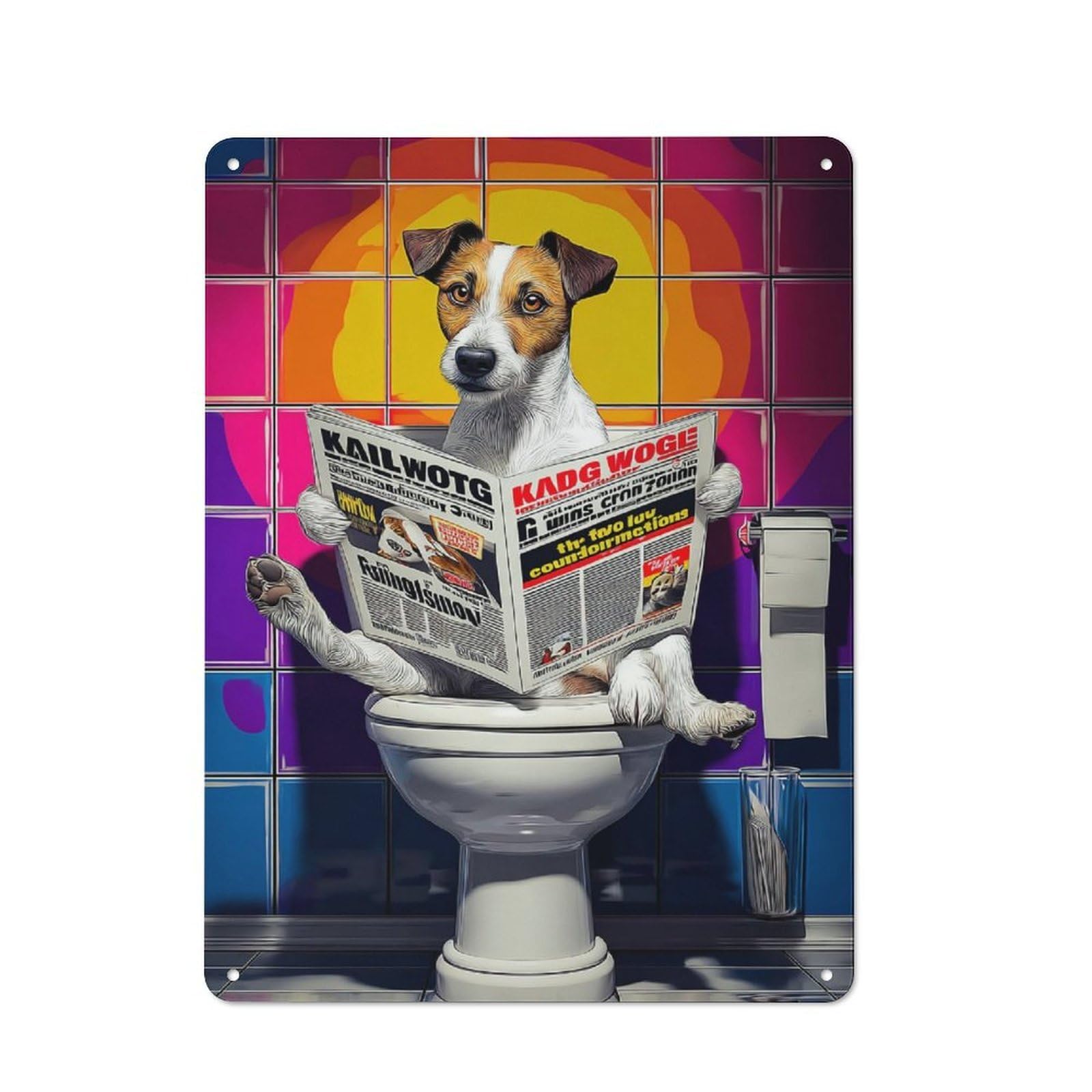 Retro Decorative Tin Plaque 40x30cm Featuring Dog Reading Newspaper on Toilet-29, Novelty Wall Art for Bedroom, Kitchen, Office Or Living Room