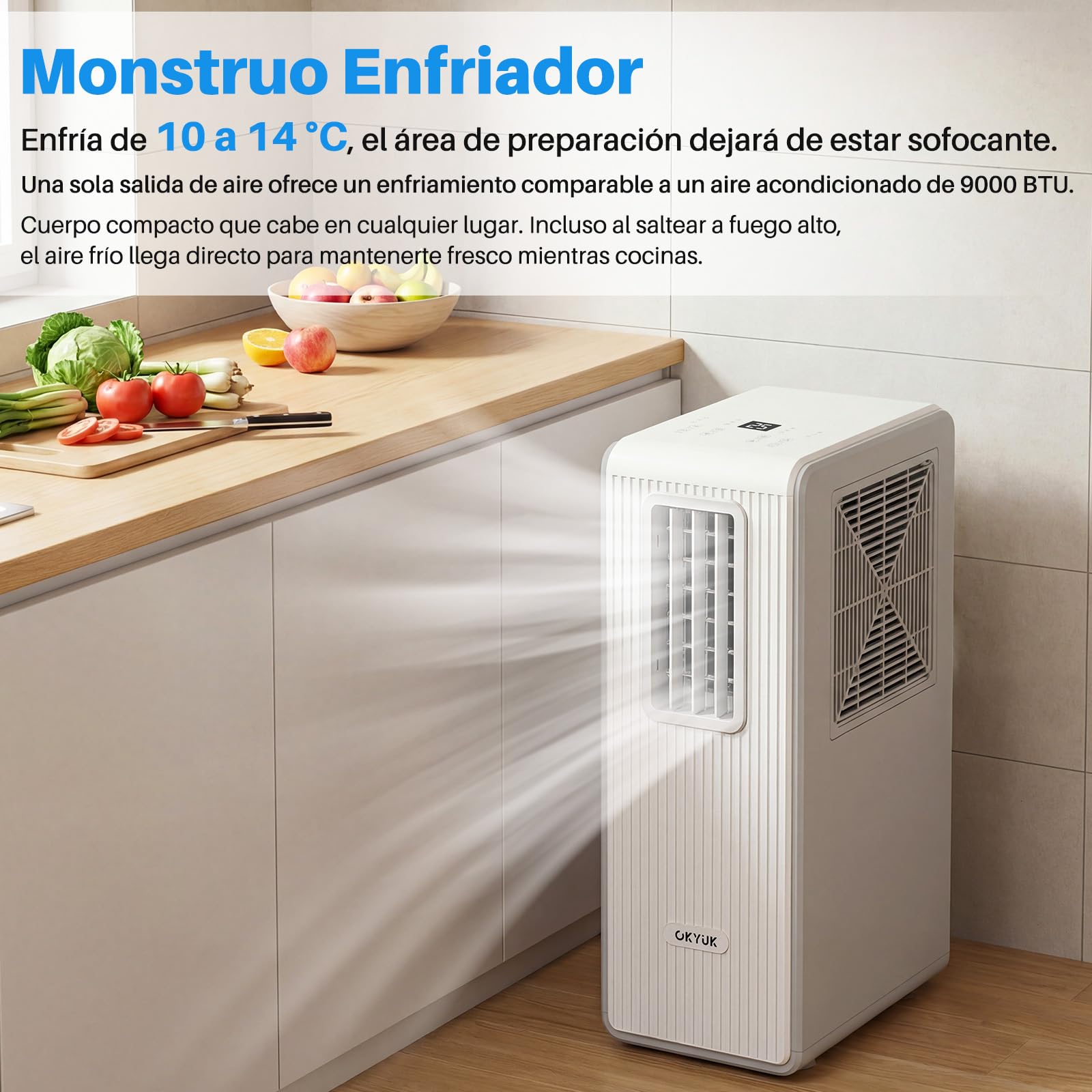 OKYUK Climatiseur Mobile, 200 W à économie d'énergie, réfrigérant écologique R290, 3 en 1 : climatiseur, déshumidificateur, ventilateur, ventilation, avec tuyau d'évacuation. (Blanc)