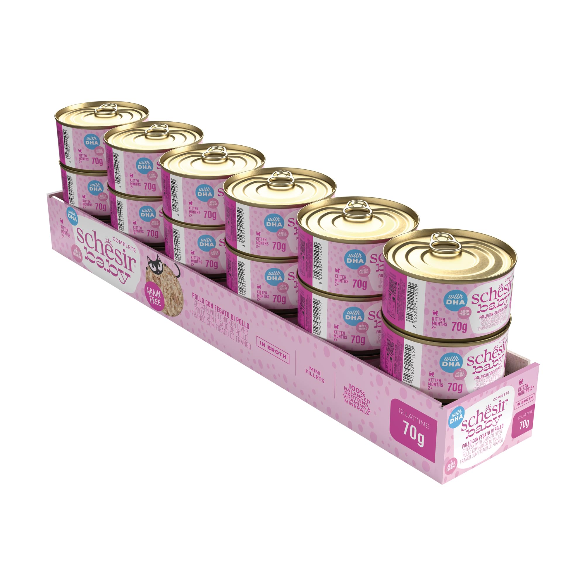Schesir Baby, Filetes de Pollo con Hígado en Caldo, Alimento Húmedo Completo para Gatitos, Sin Cereales, con DHA y Taurina, Rico en Hidratación, 12 x 70g