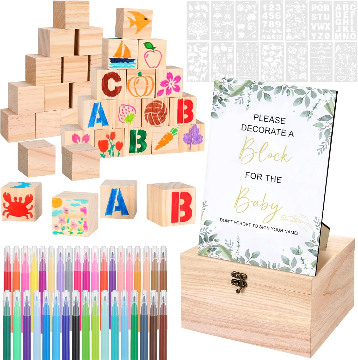 130 PCS Fun Baby Shower Games Sign Kit, Unique Baby Shower Ideas, 80 Wooden DIY Blank Blocks and 36 Pen, Freehand Painting to Draw Your Idea for Baby Shower Game Gender Reveal Party (Green)