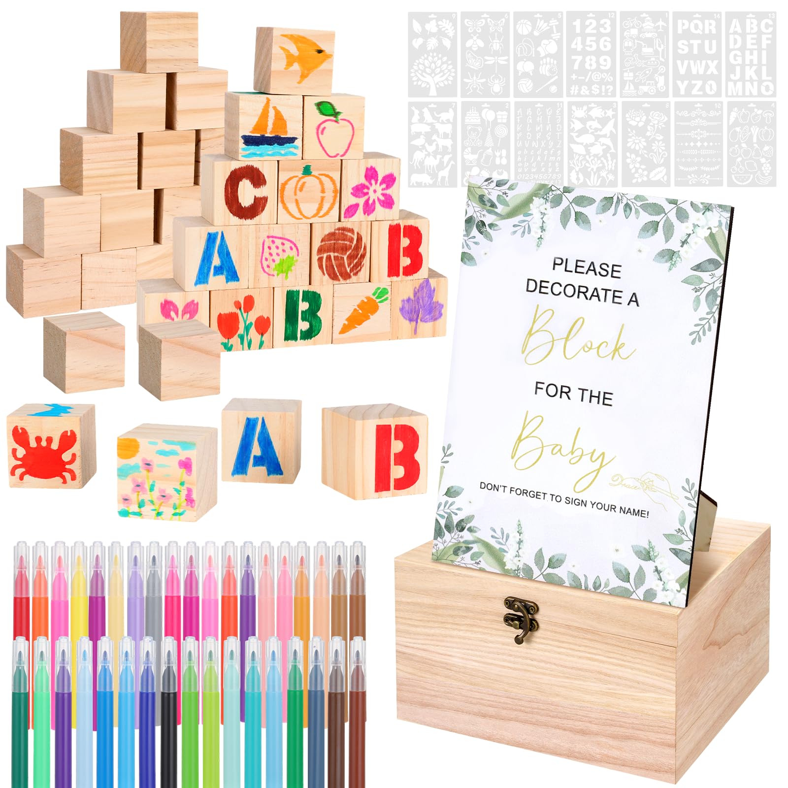 Photo 1 of 130 PCS Fun Baby Shower Games Sign Kit, Unique Baby Shower Ideas, 80 Wooden DIY Blank Blocks and 36 Pen, Freehand Painting to Draw Your Idea for Baby Shower Game Gender Reveal Party (Green)