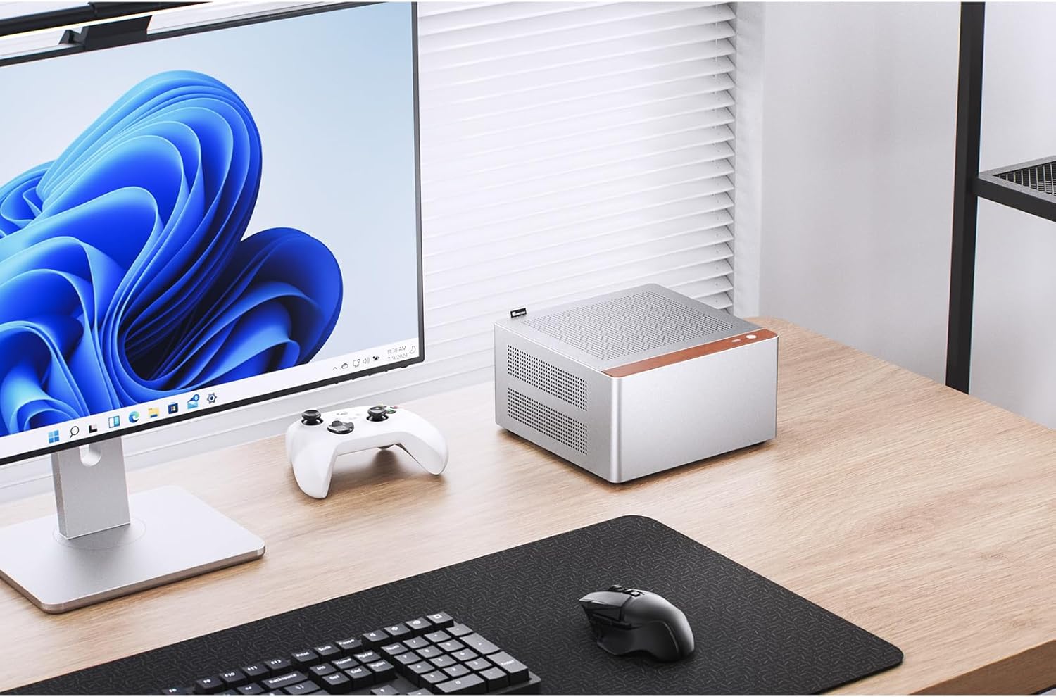 JONSBO NV10 Silver MINI ITX PC Case, Aluminum Alloy with Walnut Trim Desktop Case, Compatible with 1U Flex PSU, Low-Profile GPU,Compact &Portable 4.5L Case,with a PCI-E 4.0 Extended Cable, Silver