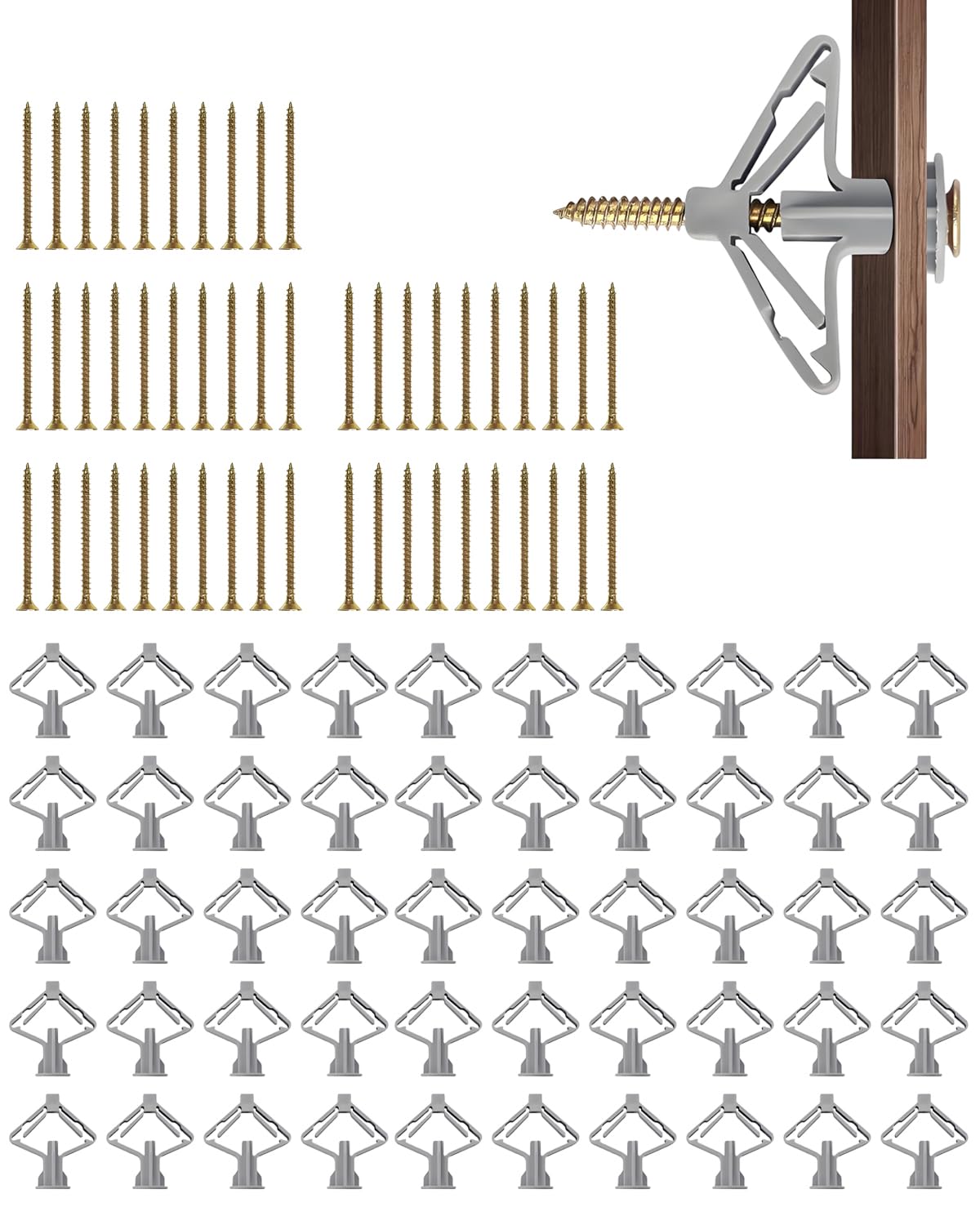 DAFNE Set di 100 tasselli a farfalla, tasselli per cartongesso con viti, adatti per il fissaggio di cartongesso, pannelli in fibra di gesso e calcestruzzo (50 tasselli + 50 viti)60 mm