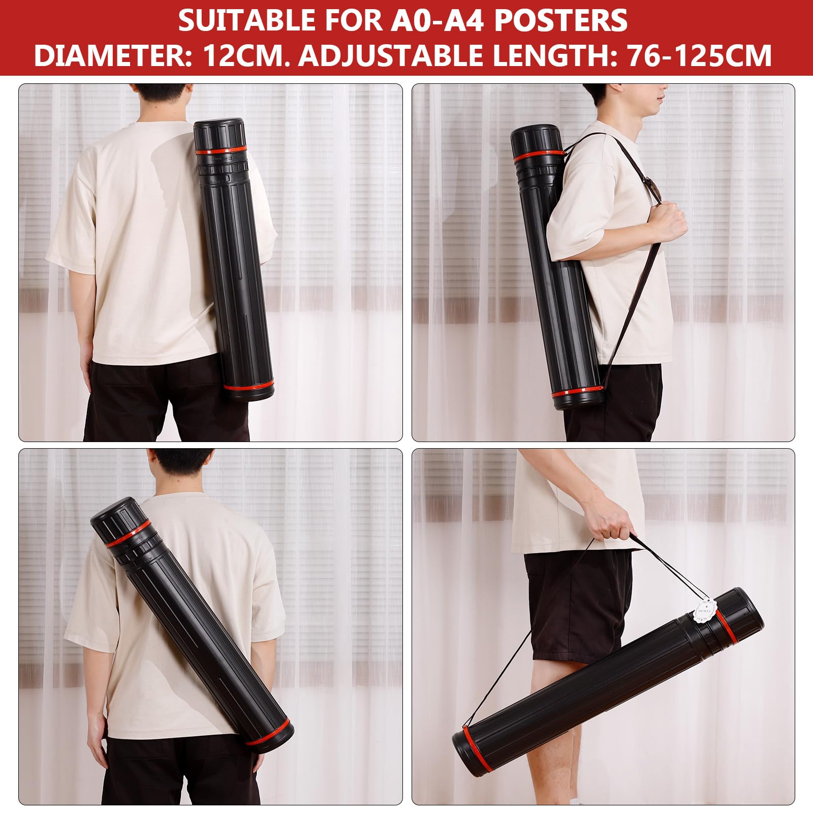 DEWEL Adjustable Poster Tube 76-125 CM, Diameter is 12 CM, Large Plastic Black Fishing Rods Storage Tube - Image 2
