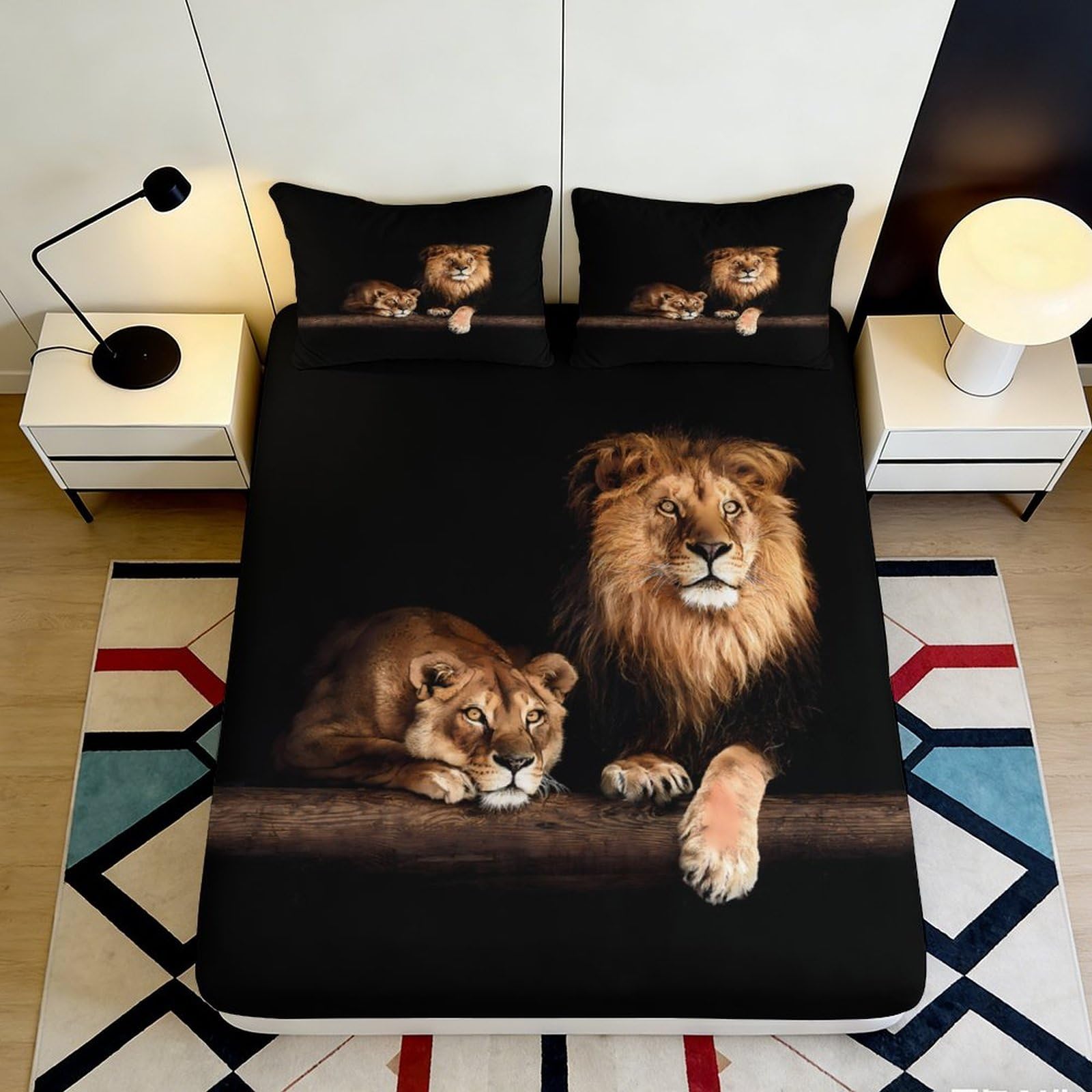 3D Printed Lion Family Fitted Sheet Microfiber Soft Durable Lion Cub Bed Cover for Bedroom Dormitory Guest Room Mattress Protection 140x200x25cm