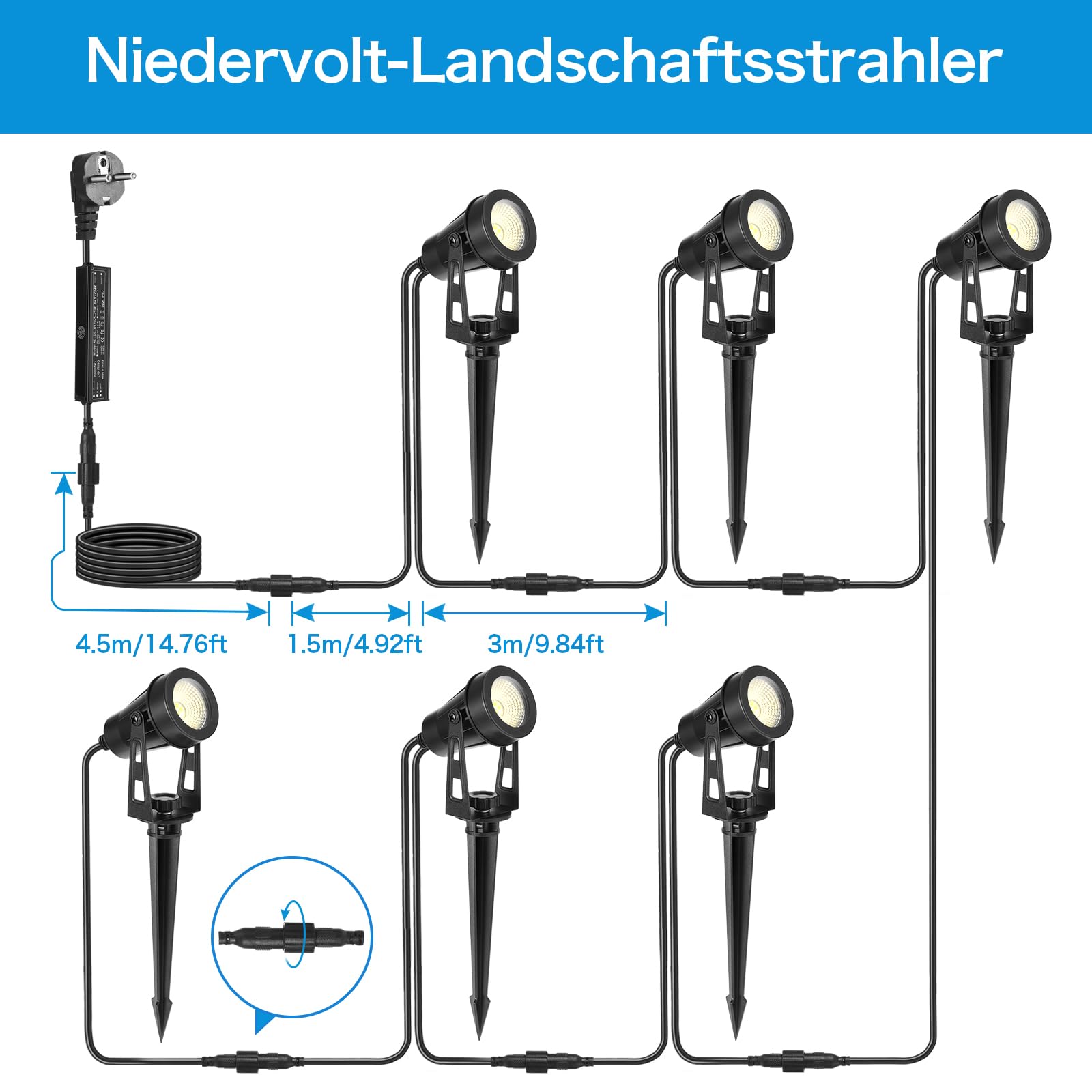focos LED jardín 4 en 1, 14M luz cálida 3000K IP65 12V con enchufe, impermeable para exteriores, caminos, árboles, terraza, césped y fiestas (Blanco cálido, 6 en 1)