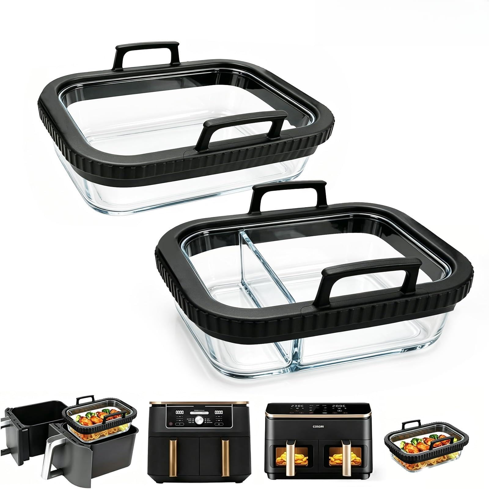 Solaris Base 2 Piece Set of Air Fryer Accessories, Compatible with Ninja Hot Air Fryer AF400EU/DZ400EU/AF500EU/COSORI, BPA free, Detachable Silicon ring, Dishwasher Durable Glass Air Fryer Accessories