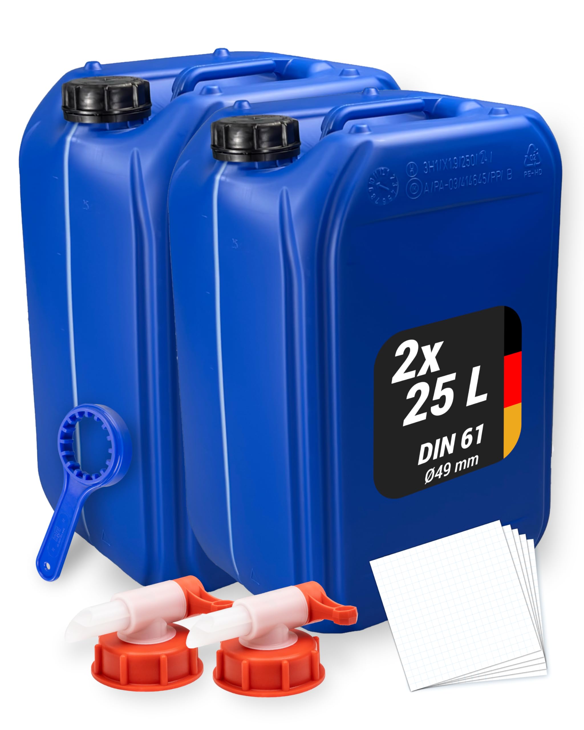 Trevendo 2er-Set Wasserkanister - Kunststoffkanister (25 Liter, DIN 61, Ø49 mm, blau) - lebensmittelecht & BPA-frei - inkl. Deckel, 2 Auslaufhähne, Ringschlüssel & 5 Beschriftungsetiketten