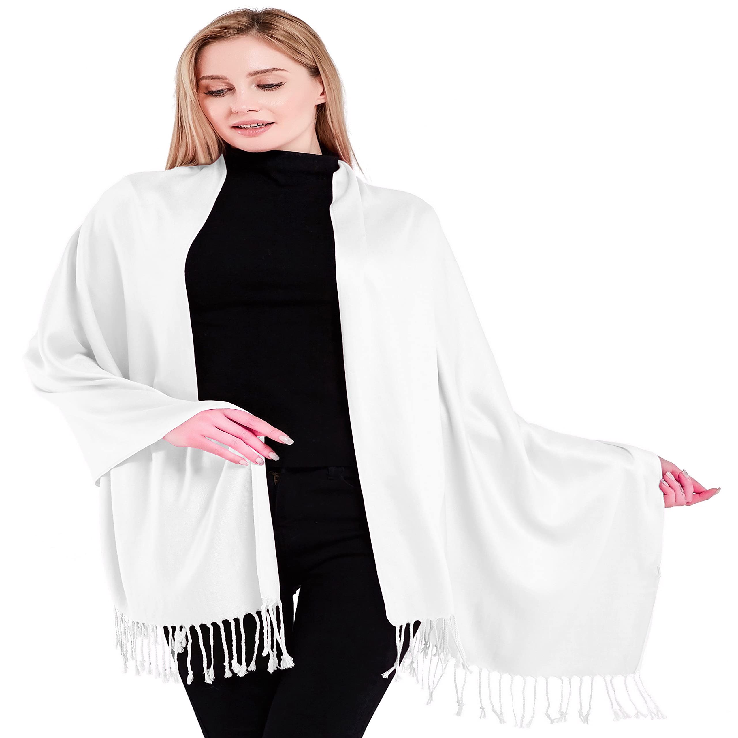 CJ Apparel White Solid Colour Tassels Design Nepalese Shawl Seconds Scarf Wrap Stole Throw Head Wrap Pashmina Hand Made in Nepal