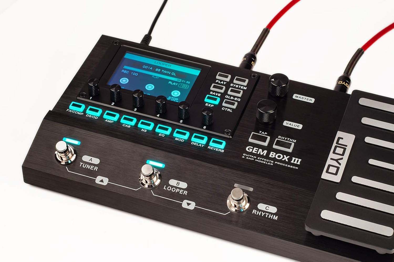 Top view of JOYO GEM BOX III with screen displaying settings