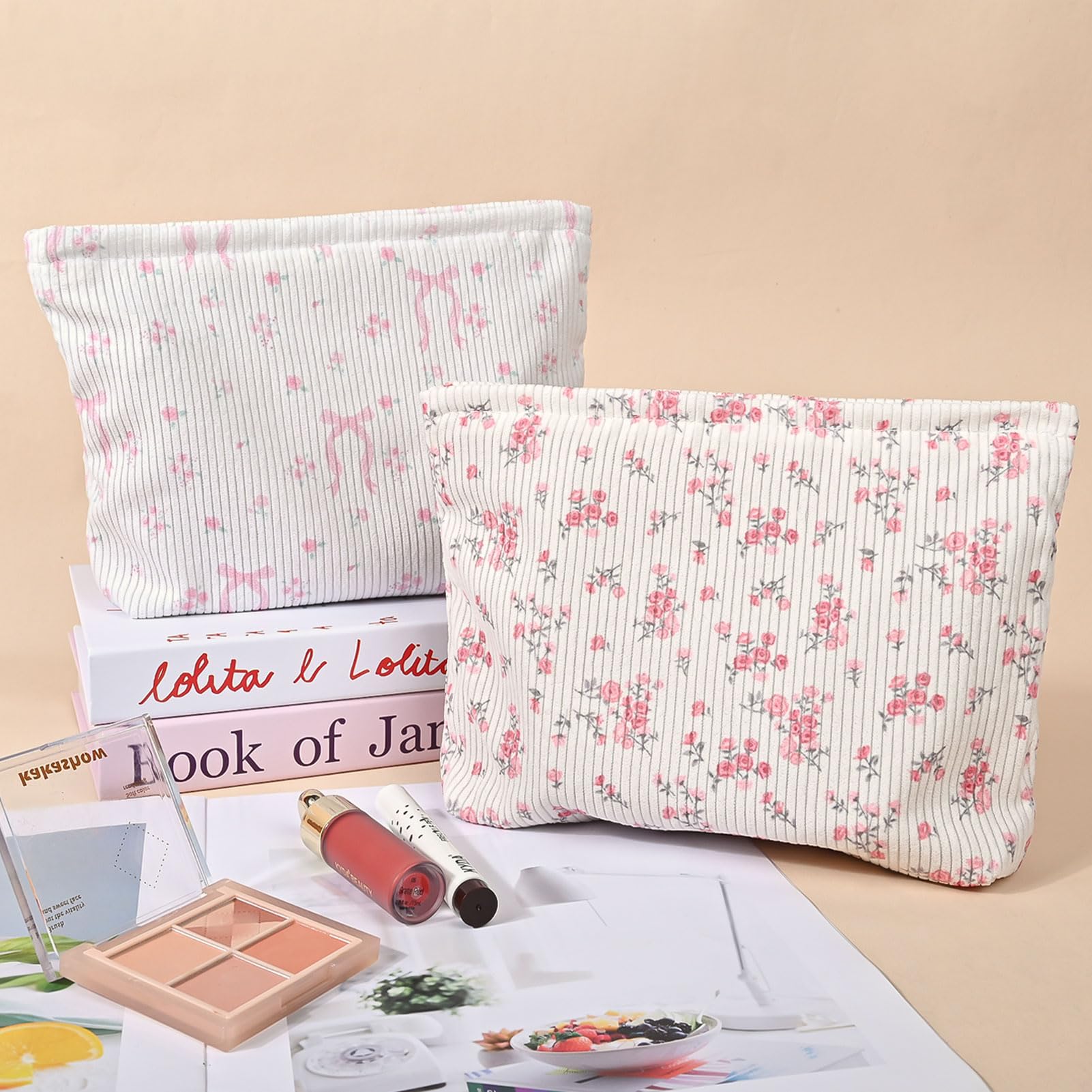 Ksriylm Pink Bow Cosmetic Bag for Women,Cute Canvas Toiletry Organizer Storage with Purse Zipper,Small Multifunctional Travel Makeup Bag,Aesthetic Travel Toiletry Bags - Image 3