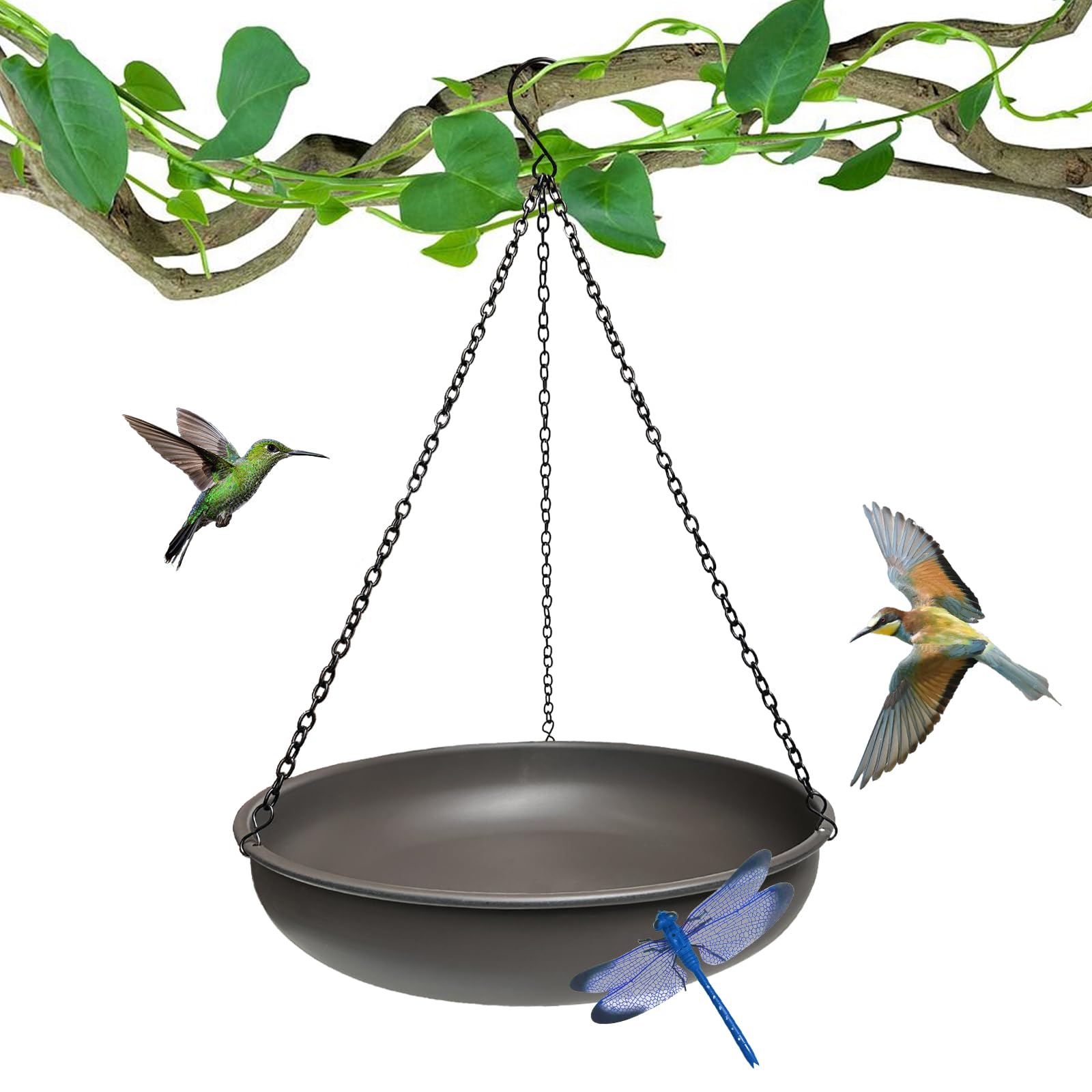 Hanging Bird Bath for Outside,11" Metal Bird Feeder Birdbath Bowl with 13.5" Rust-Proof Black Chains for Garden Backyard Decor with Magnetic Dragonfly Decor Dark Curry