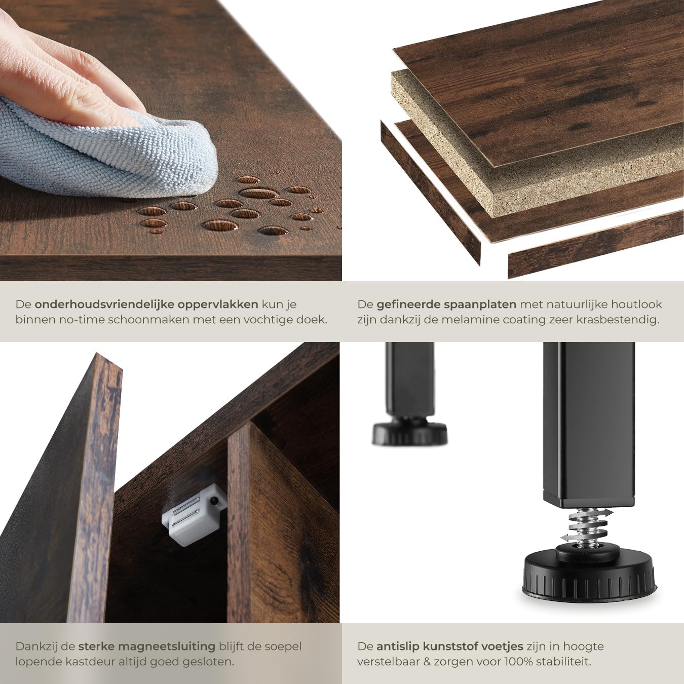 Collage image showing easy cleaning, material layers, magnetic door, and adjustable feet of the tectake sideboard.