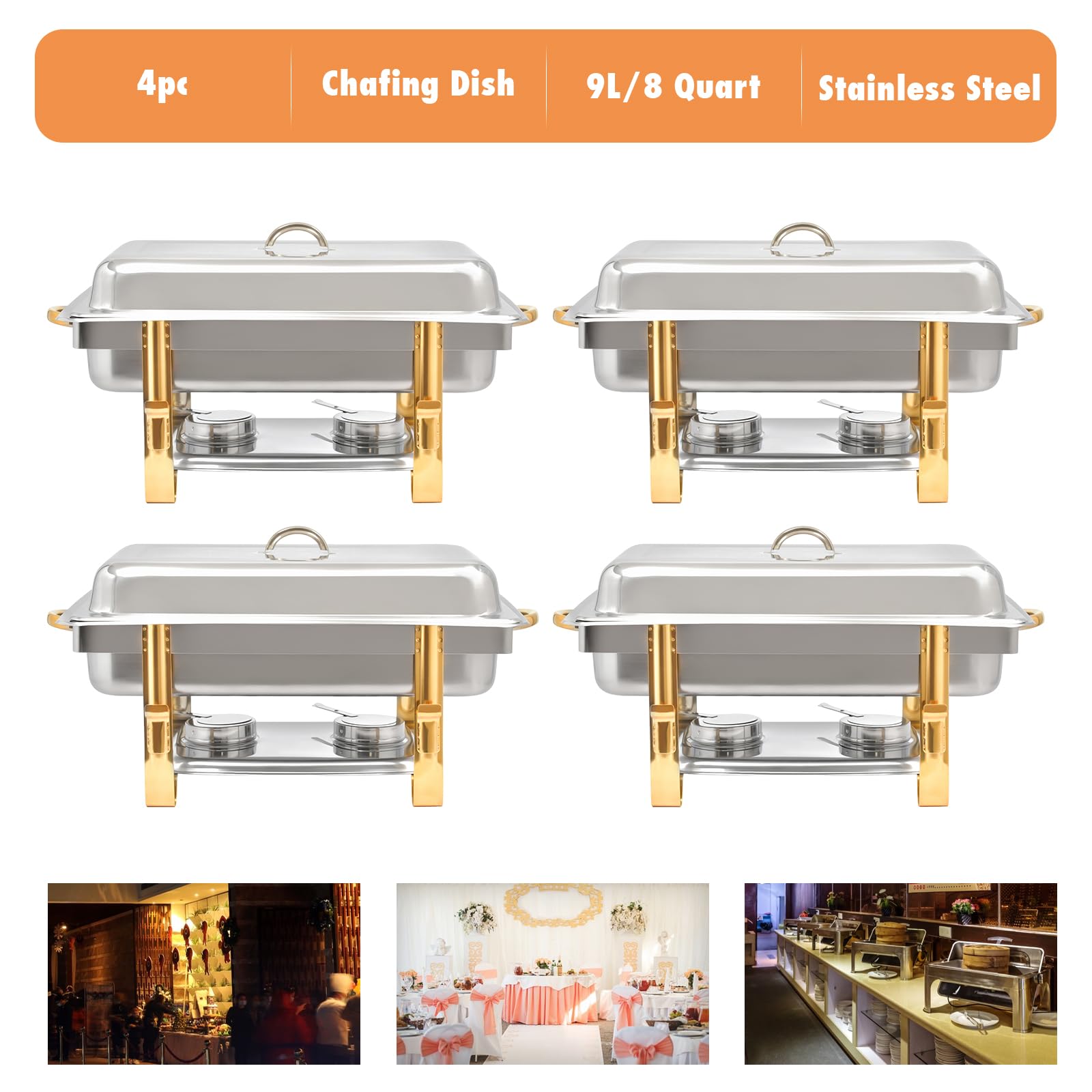 Placcato oro alcool a griglia singola per sala da pranzo,Pasti Chafing Dish | Contenitore caldo in acciaio inox | Caldaia | Caldaia per ristorazione, buffet e feste
