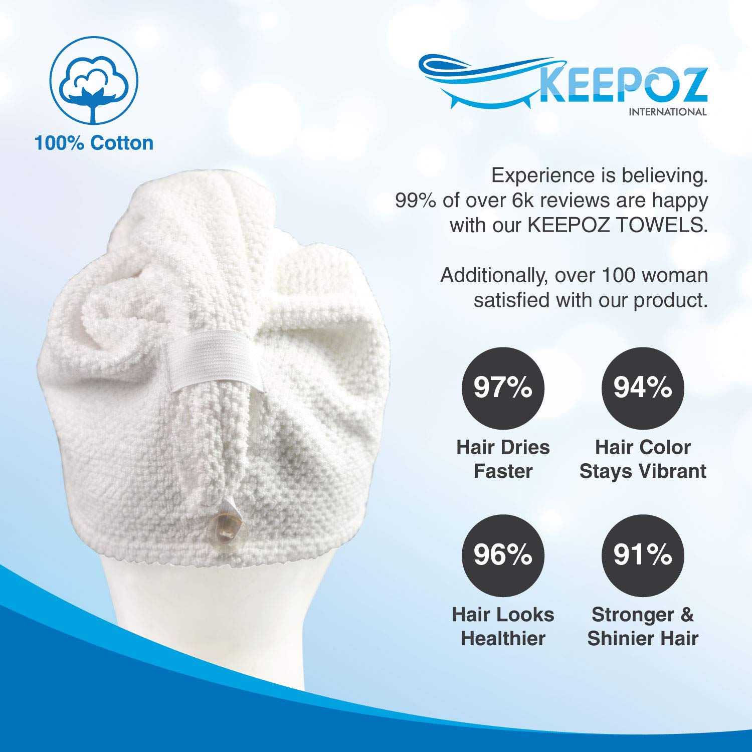 KEEPOZ Ręcznik do włosów, szybkoschnący, 100% bawełna, super chłonny, turban, opaska na głowę dla kobiet z guzikiem, produkty zapobiegające puszeniu się włosów, czepek do włosów kręconych, długich i