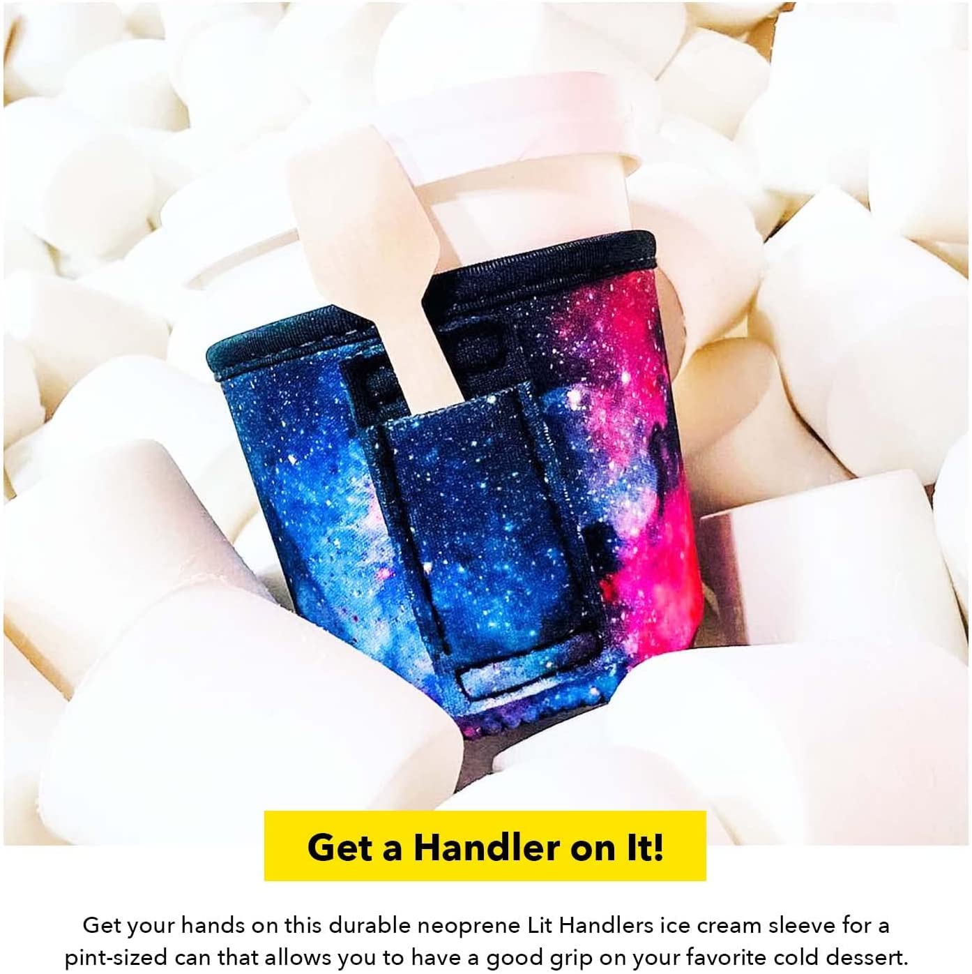 Lit Handlers Ice Cream Cooler Sleeve - Neoprene Ice Cream Pint Holder with Handle & Pocket - Tear Resistant Cooler & Container - Machine Washable & Leak Proof Cup Cover for Yogurt (Blue Flamingo)