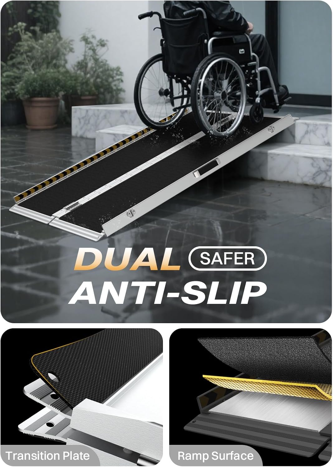 Wheelchair Ramp 5FT | Load-Reducing Shoulder Strap | Portable Wheelchair Ramp | Wheelchair Ramps for Home, Steps, Stairs, Doorways | Handicap Ramp | Non-Slip, Foldable, Aluminum, 800lbs Capacity