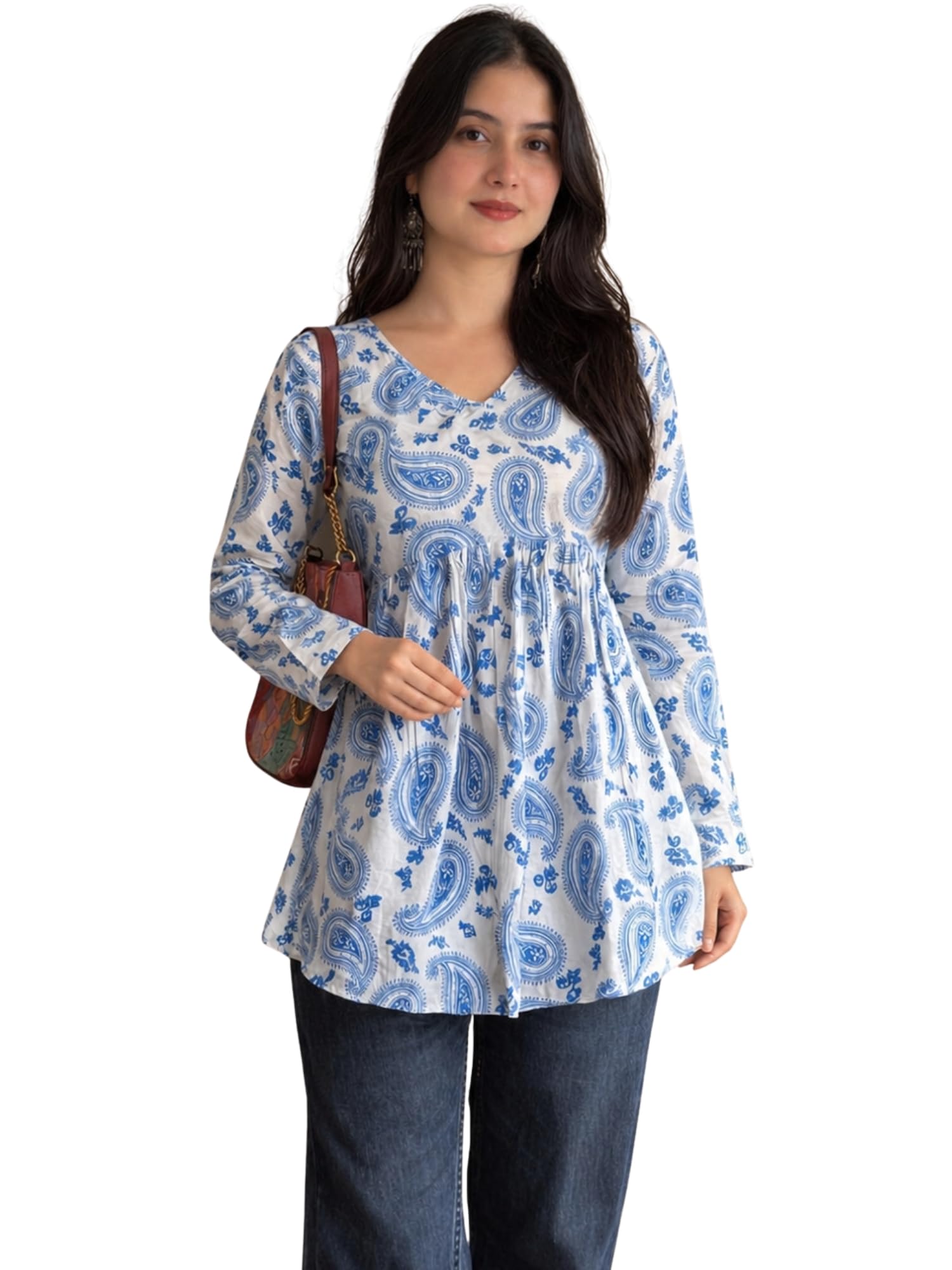 Viscoses Rayon White Printed Peplum Top for Women| Blue Paisley Print Casual Tunic Top for Women | V Neck Long Sleeve Flared Short Kurti | Stylish for Girls-image-2